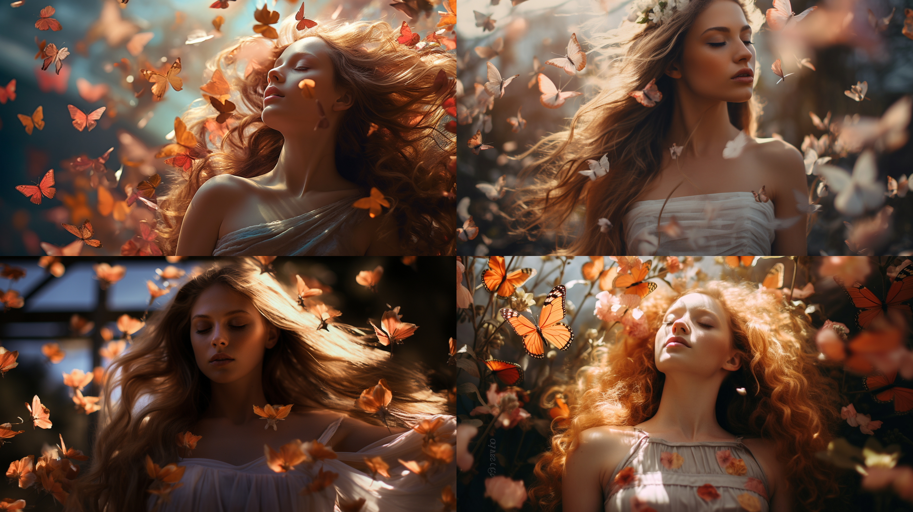 thegirl,amidstabedofflowers,holdsfreshblossoms.theflowersclusteraroundher,ariotofcolors.butterfliesdanceintheair,capturedinclose-up.herdelicatefeaturesandlongwavyhairadornedwithabow,complementhersmoothskin.thescene,reminiscentoffilmgrain,issetagainstahazybackgroundwithwispsofsmoke.cinematiclightingaccentuatestherealismandintricatedetails,evokingasenseofauthenticity.