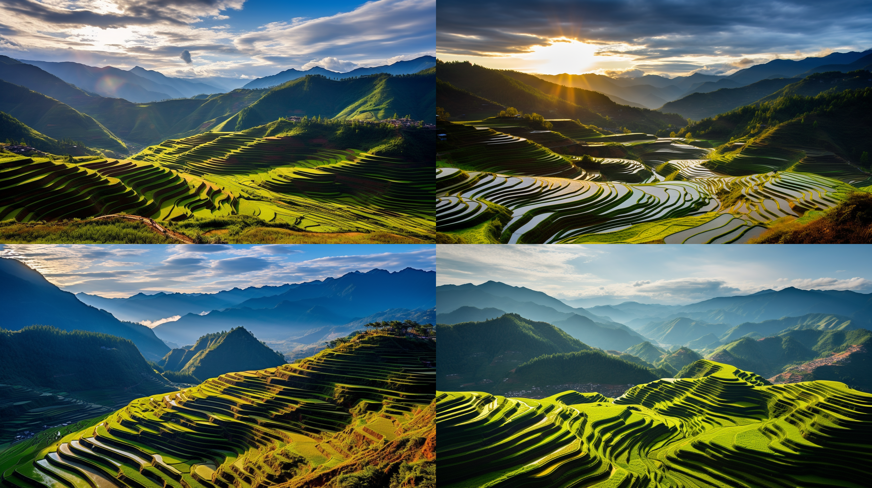 yunyang terraces, rows of layers, majestic ladder ridges like green waves unfold at the edge of the sky, the scale is magnificent, overlapping countless, terraces from the foot of the mountain to the top of the sky, with the ups and downs of the mountain, each terrace from a distance presents a different color, distinct layers, beautiful and magnificent, golden hour light, slr, ultra-high definition details, 8k