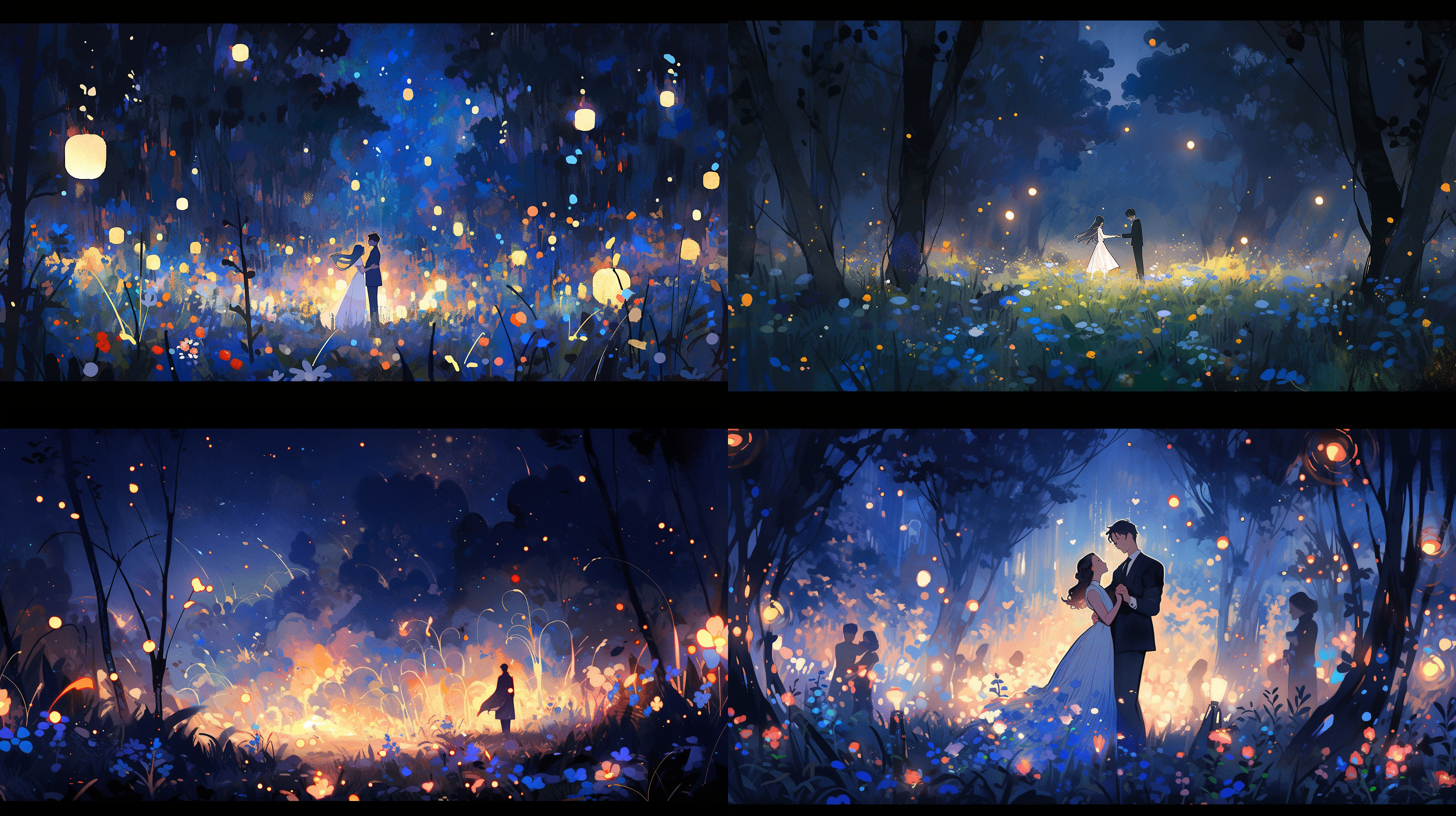 van gogh style illustration, (van gogh the starry night style illustration),dopamine color scheme,on a summer night, wildflowers bloom in the wilderness, fireflies dance, romantic scenes, and dopamine bright colors,romantic and beautiful