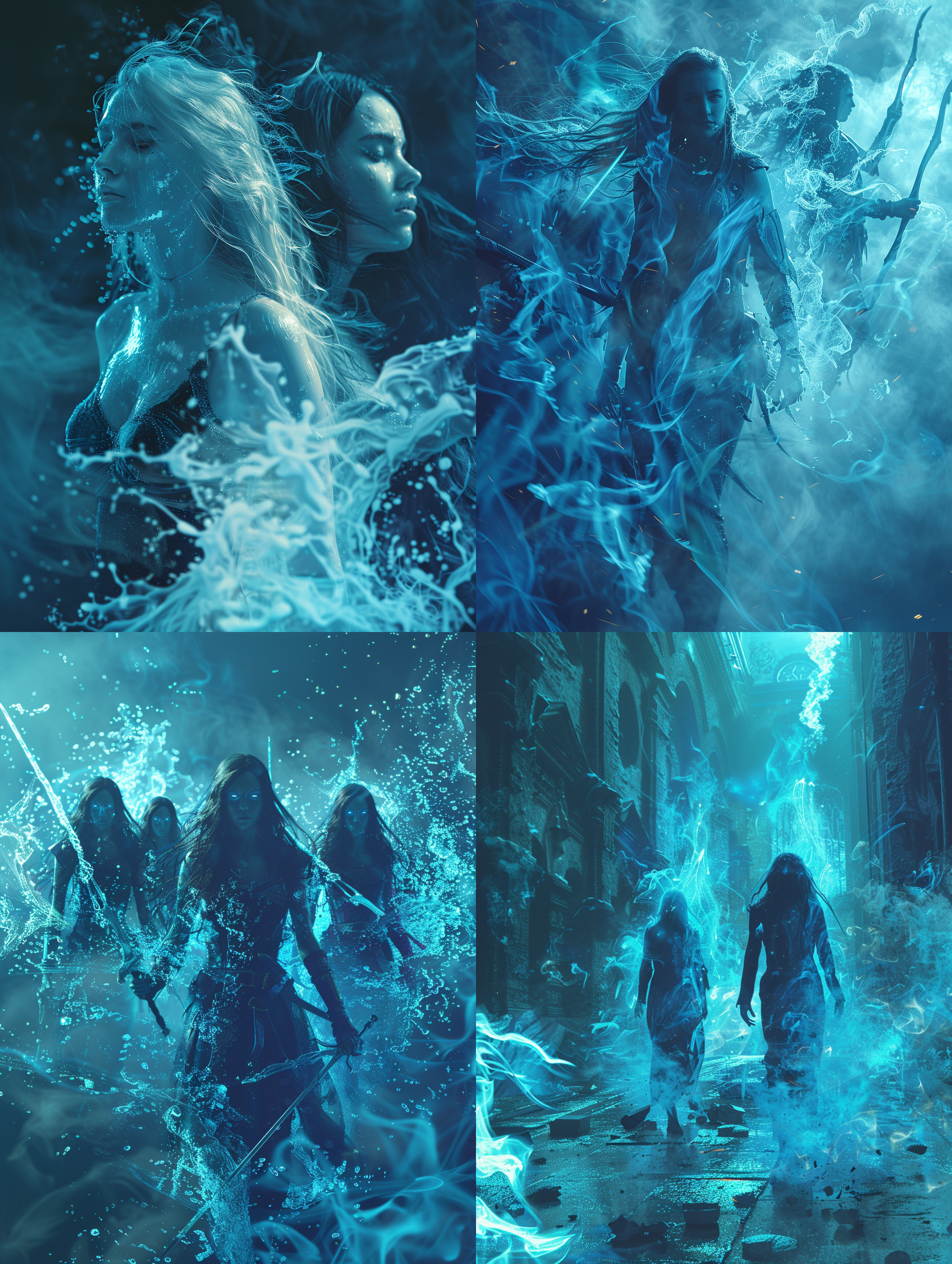 精灵女性与人类混合，grzegorz rutkowski风格，垂直构图，青色薄雾环境，david palumbo灵感，水中重生，nekro元素，炼金术主题，高对比度，marc simonetti色调，幻想命运，高清晰度，网站横幅，首席设计师greg rutkowski。
