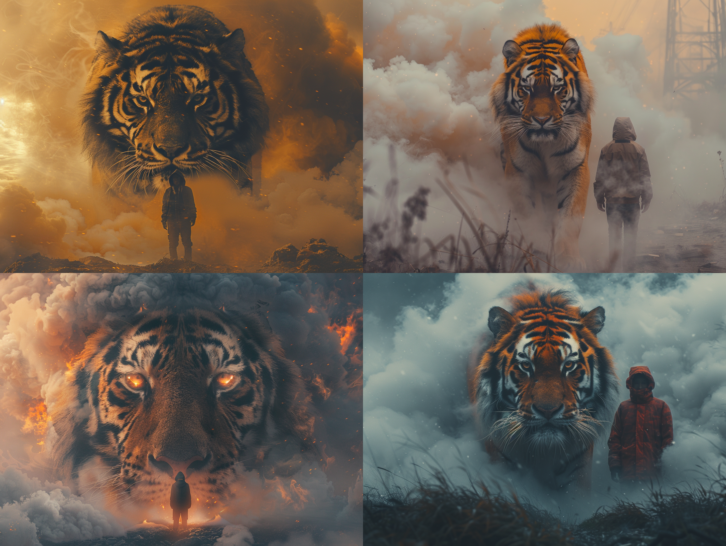 surreal photography，一个男人::9面对镜头，身后是老虎，巨大的虎头，前视，威风凛凛的老虎::9，烟云，中国山水背景，黄昏的光线，低角度拍摄