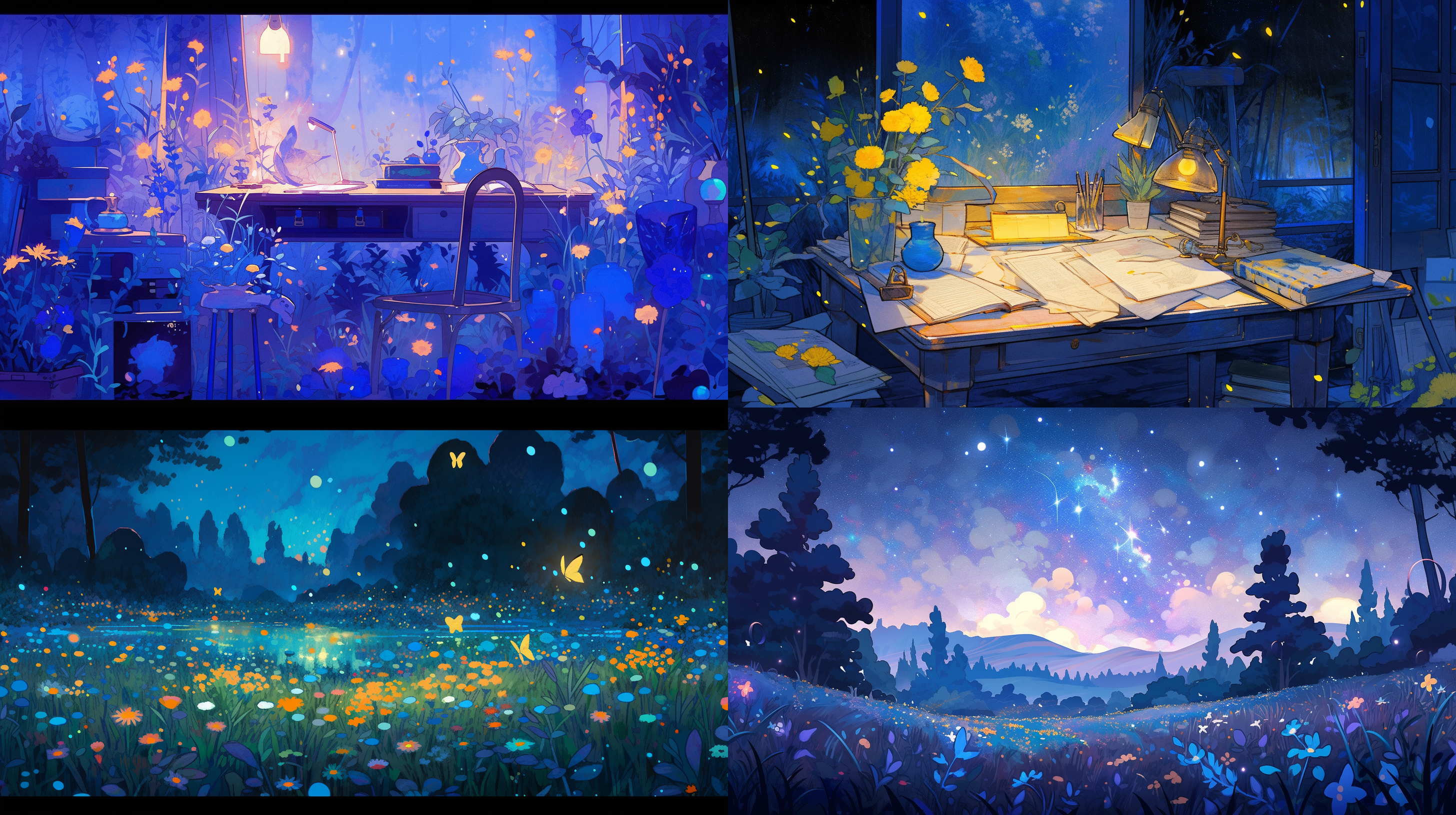 (van gogh the starry night style illustration),dopamine color scheme,in the retro library, on a summer night, wildflowers bloom in the wilderness, fireflies dance, romantic scenes, and dopamine bright colors,