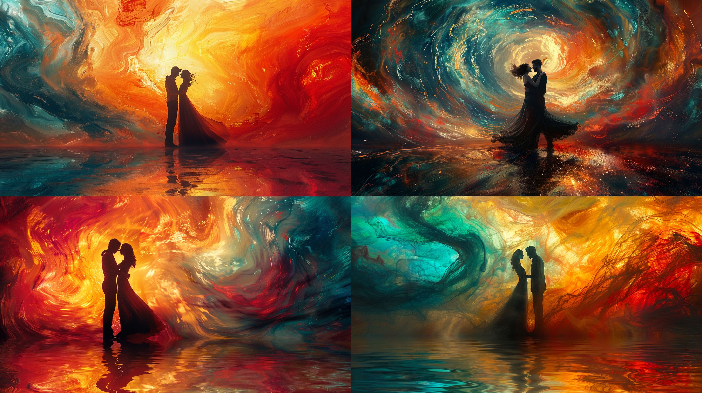 marital harmony: an artistic poster showing a couple dancing gracefully in an empty room, their movement captured in a swirl of color that symbolizes their life together