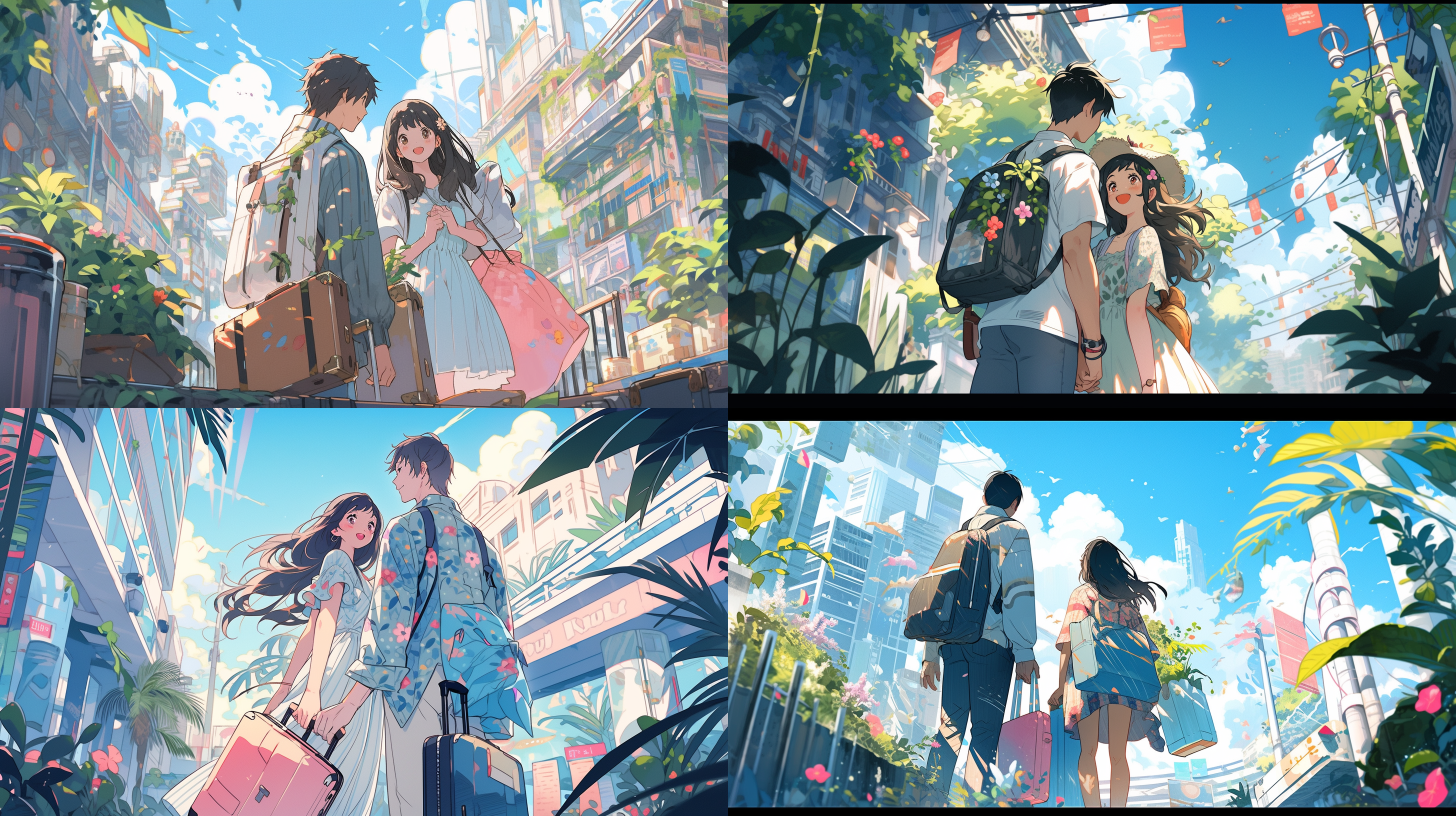 illustration design, close shot, looking up, in the style of kaisen tobiuo, an asian couple carrying luggage,urban streets,blue,green,pink, summer colors, plants, bright and vivid colors, delicate details, flat illustration
