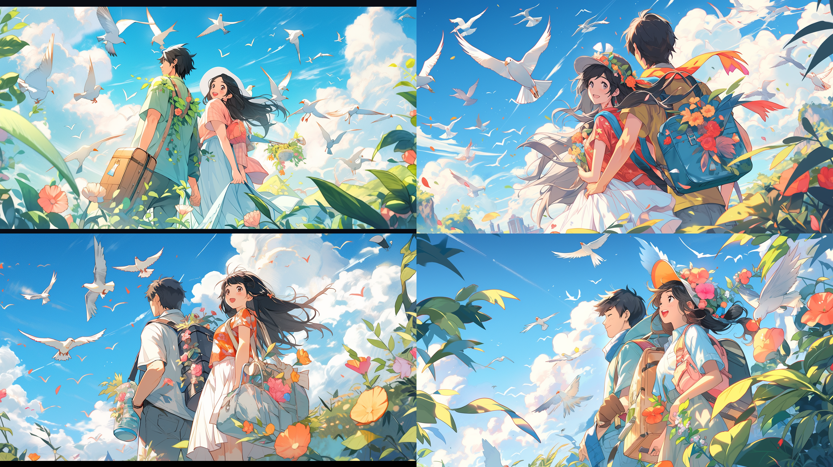 illustration design, close shot, looking up, in the style of kaisen tobiuo, an asian couple carrying luggage,three birds flying in the sky,blue,green,pink, summer colors, plants, bright and vivid colors, delicate details, exaggerated technique,flat illustration