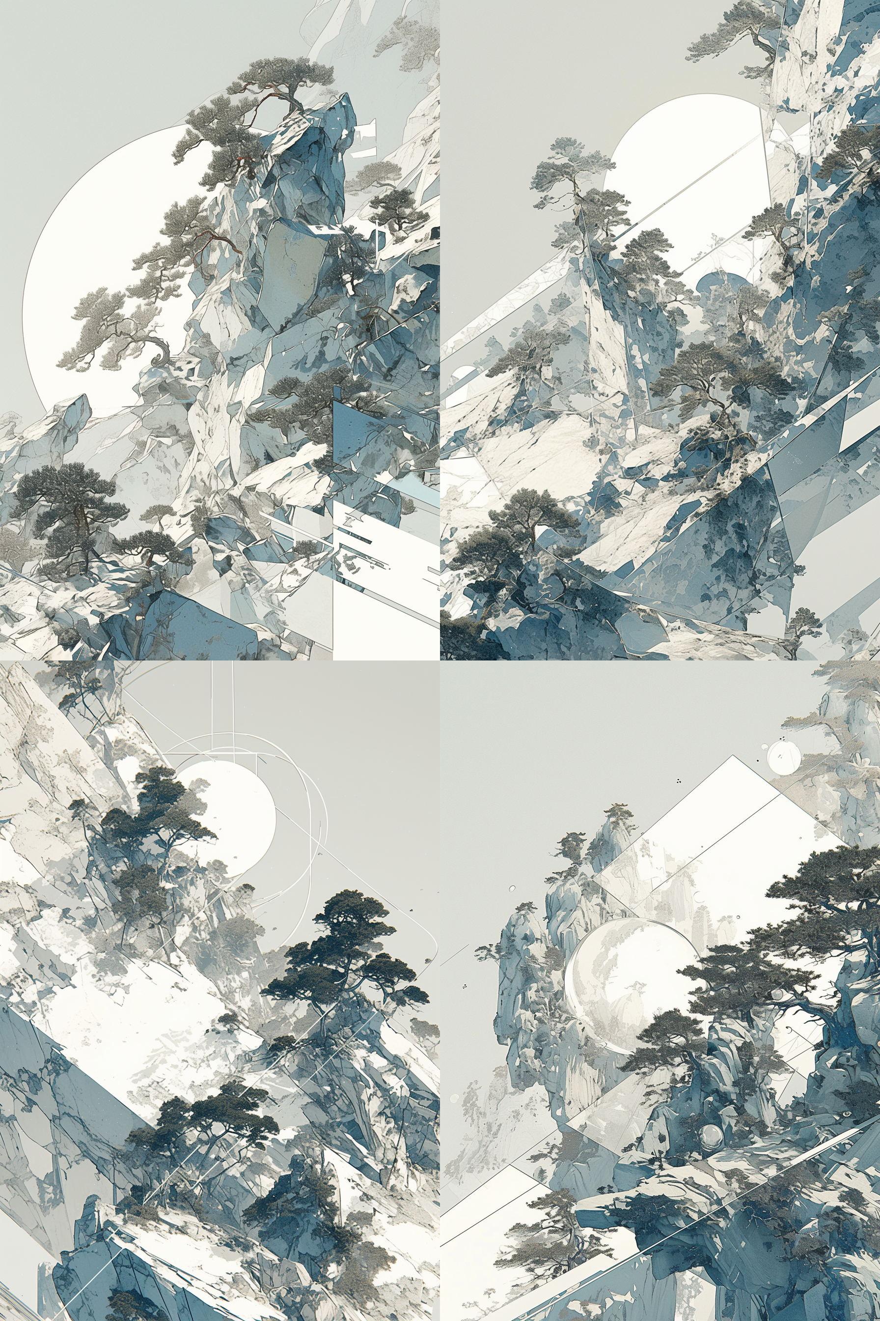 绿白玉山画，松树点缀，李可染风格，传统画风，毛笔笔触，中国山水，扁平插图，有机流畅线条，极简风格，绿灰渐变背景，特写展示。