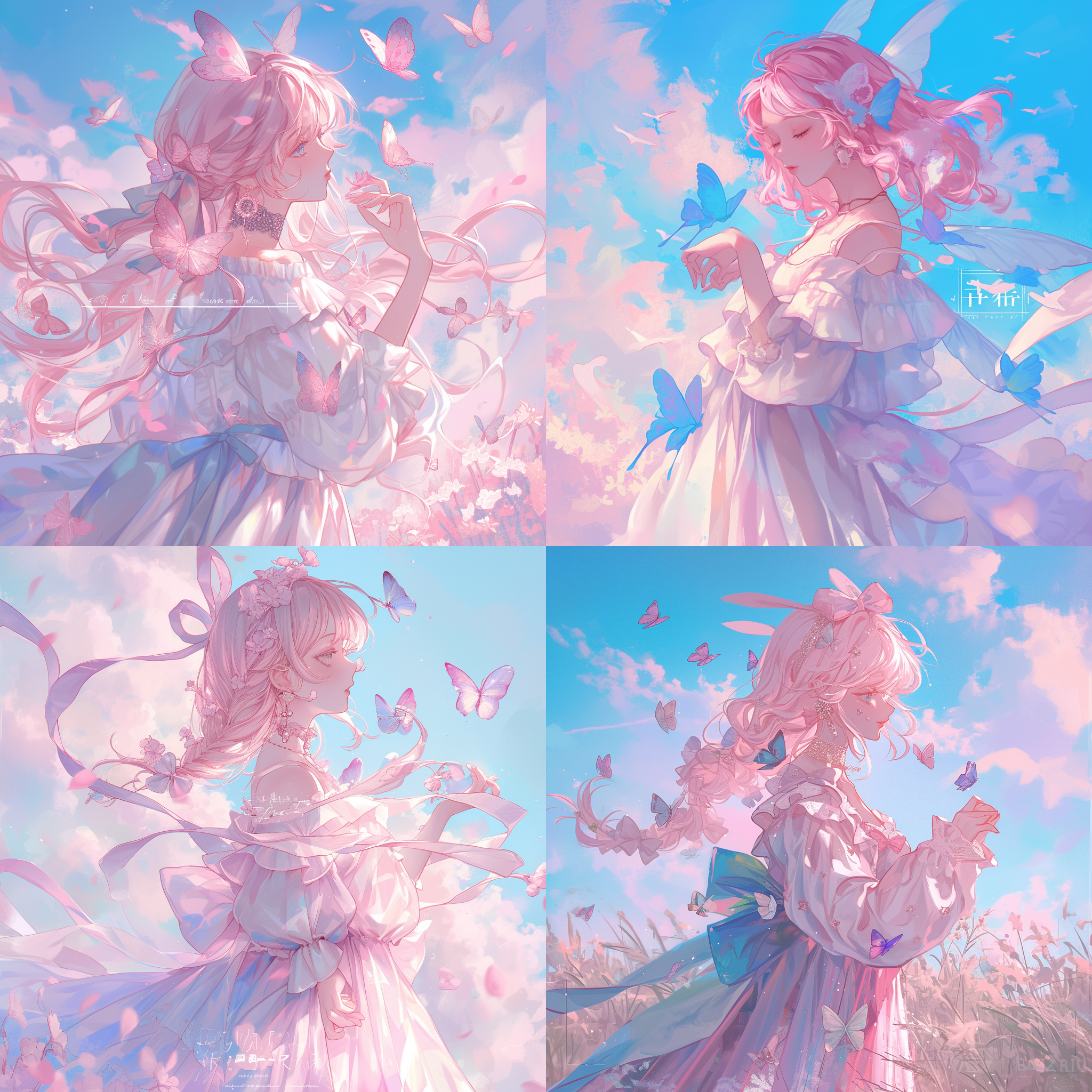 美少女，二次元风格，洛丽塔装扮，花园中，粉色调，柔焦镜头，自然光，优雅动作，蝴蝶围绕，梦幻情怀。