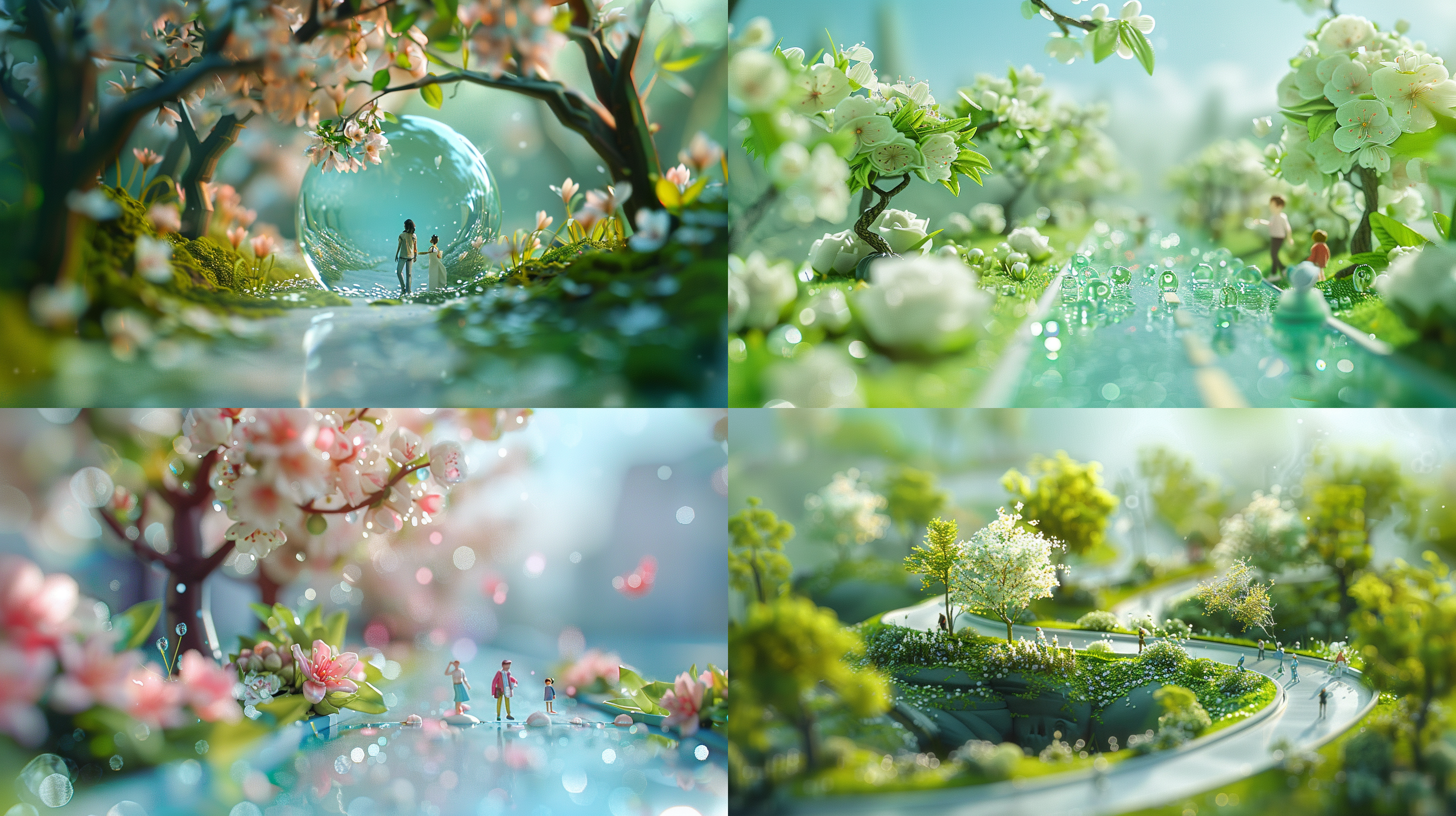 3d miniature landscape, spring, glass flowers, glass green leaves, transparent trees, people walking on the road, white pink, blue sky, glass texture, transparency, soft sculpture, dreamy fantasy realism style scenes are rendered using wide-angle lenses and depth of field, creating an octagonal rendering of paper art illustration style, sparkling and semi transparent, with axis shifting photography effects and ultra clear details, bright colors, bold color matching, and blurred foreground