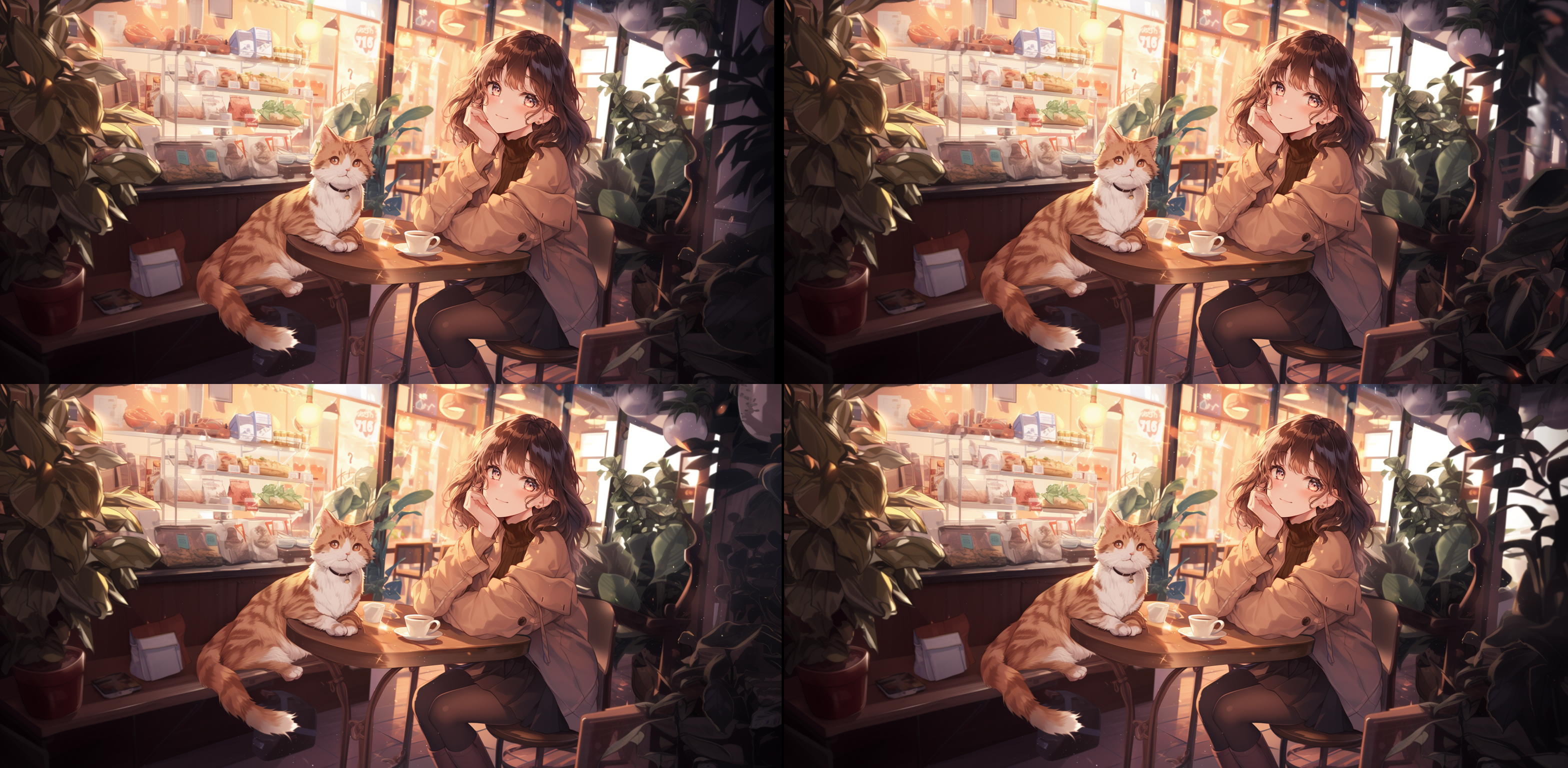 下雨咖啡馆，时尚女孩微笑，细节丰富，朦胧灯光，超清渲染，高饱和度，高清晰度，动漫风格，正面构图，自然表情，低角度，35毫米镜头，柔光，轻笑，温馨。