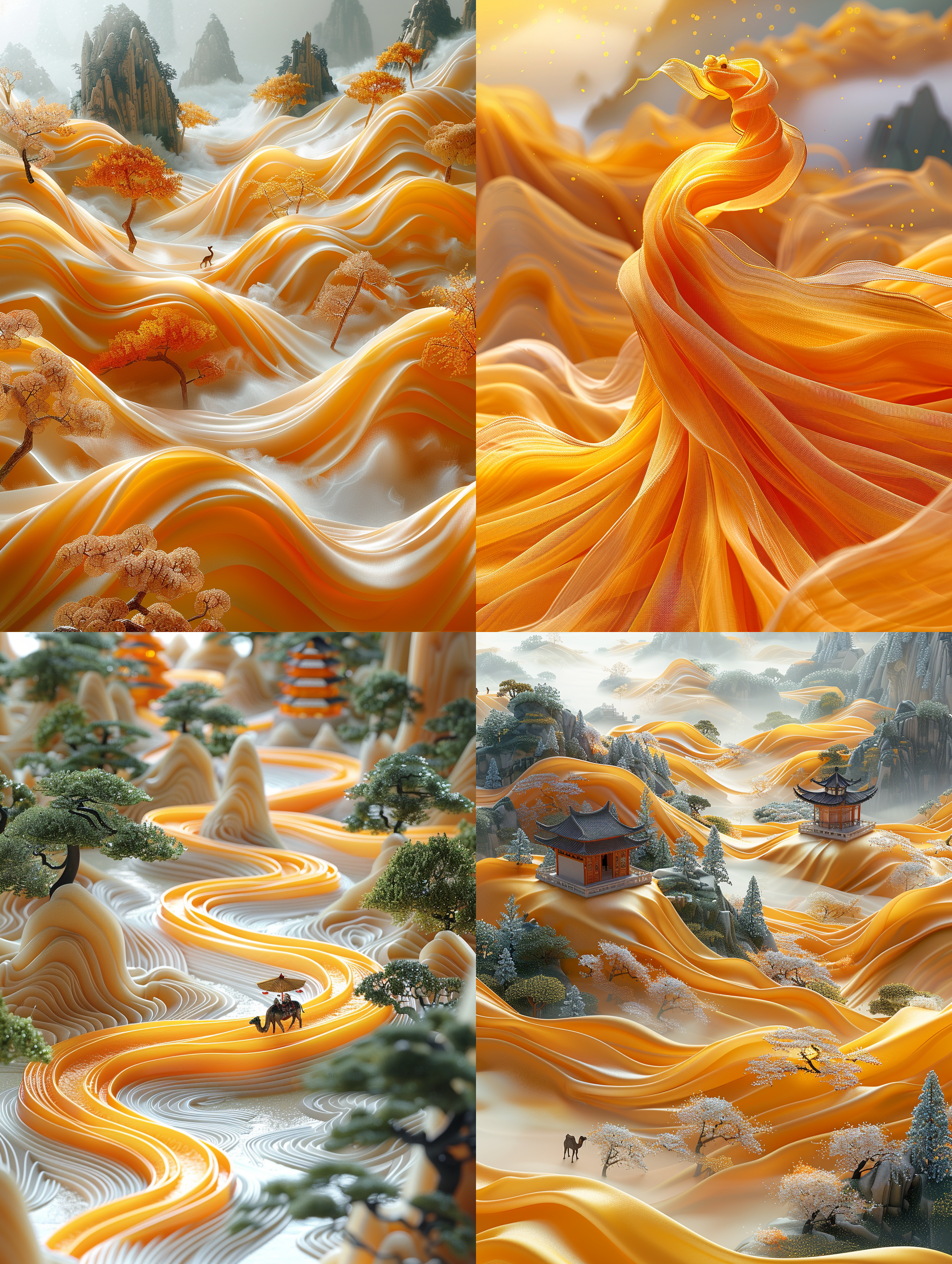 黄色绸缎起伏有中国图案，延伸至地平线。一只骆驼走在上面。丝绸折射光线，丝光感，仰视透视，微缩景观，流动，大面积白色，光线追踪，特写模糊，丝绸折射光线，丝光感，微缩景观，立体感。3:4。