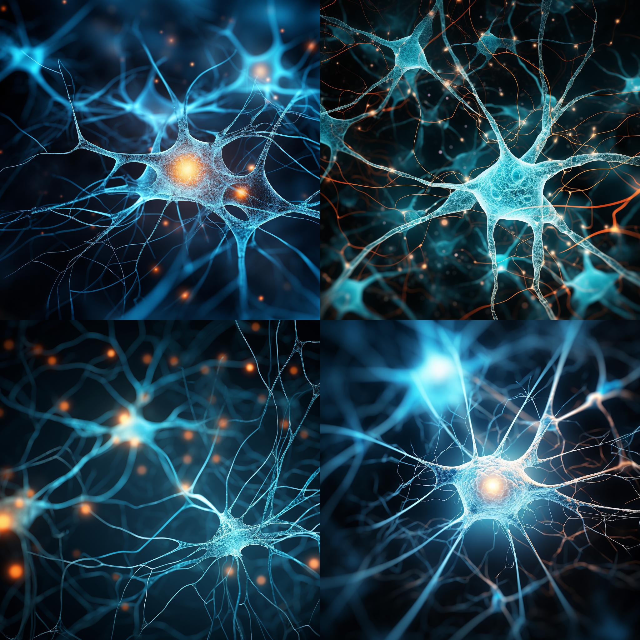 细长神经元细胞，白色背景，触突交织，微光中心，蓝绿调，科技感，深度聚焦，3d角度，极简主义，动态，连接，探索，发现，智慧，启发。