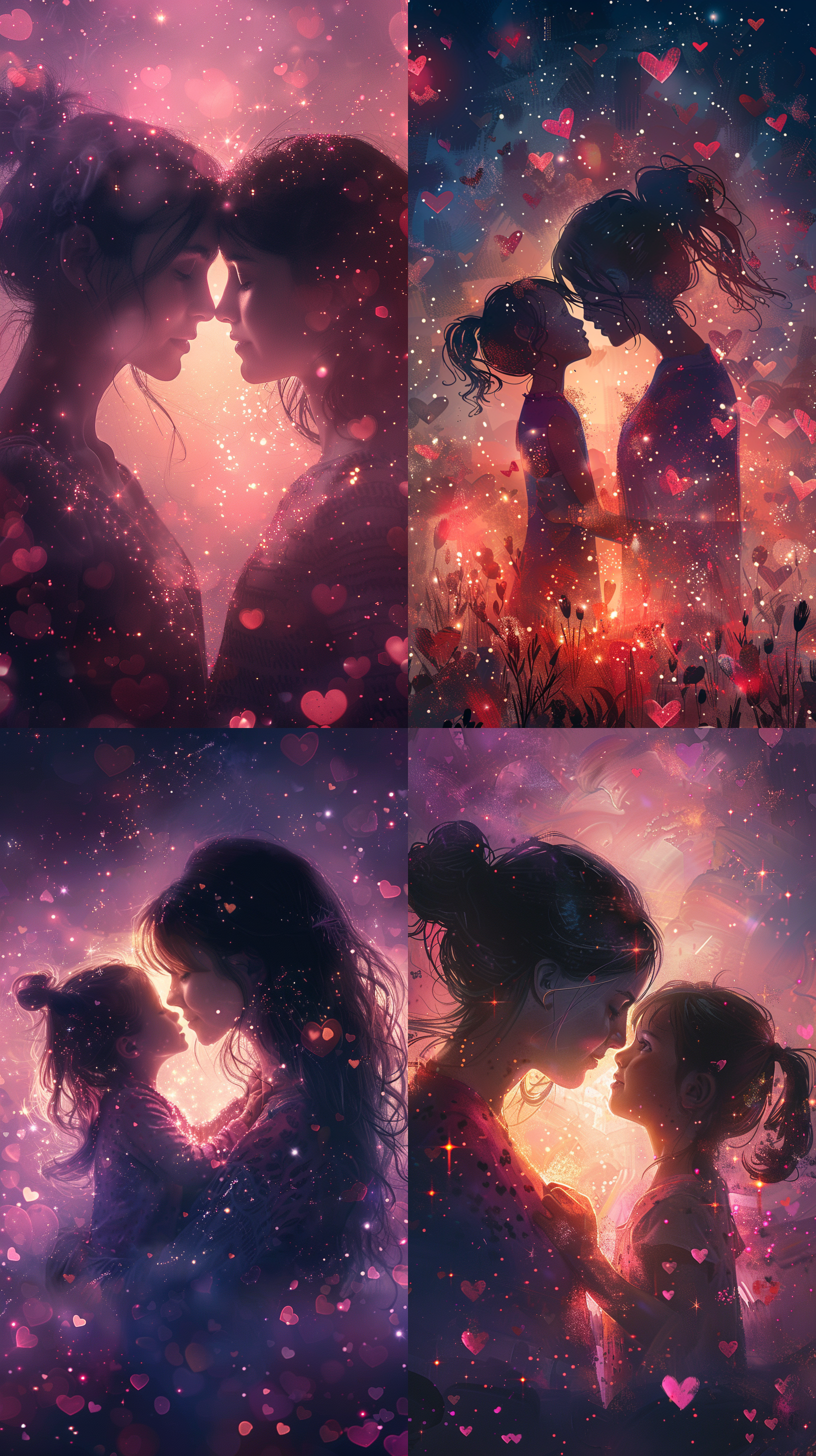 happy mother's day celebration, with handwritten-style text, a background of soft pink and purple gradient, a tender embrace between a mother and child, surrounded by sparkling stars and heart patterns.