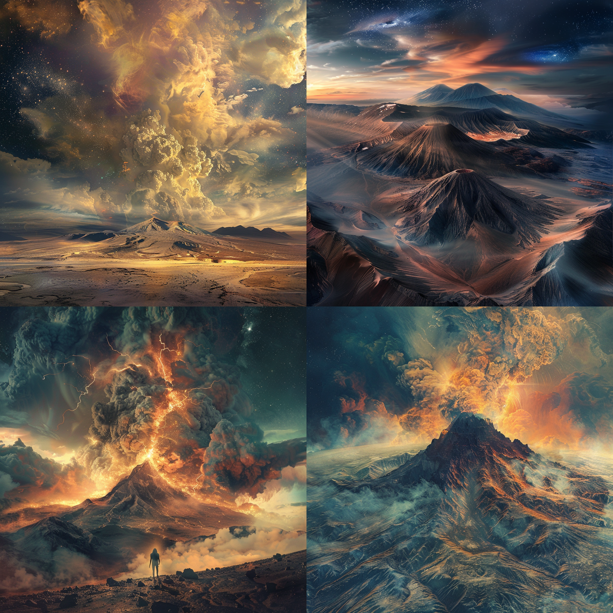 火山、沙漠、太空，虚拟现实封面，奇观景象，多重曝光，全景相机，宇宙色调，壮丽光影，高饱和度，极致震撼，神秘氛围。
