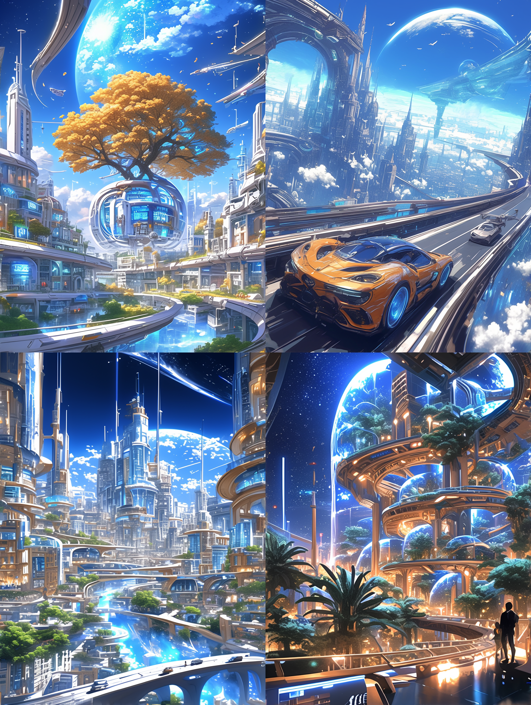 未来五一戏剧场景，超现实主题，飞行汽车，未来城市风光，人们参与高科技vr游戏，展示未来世界奇迹，服装未来感，欢快表情，明亮色彩，全景相机，动作丰富，科幻元素，兴奋情绪。