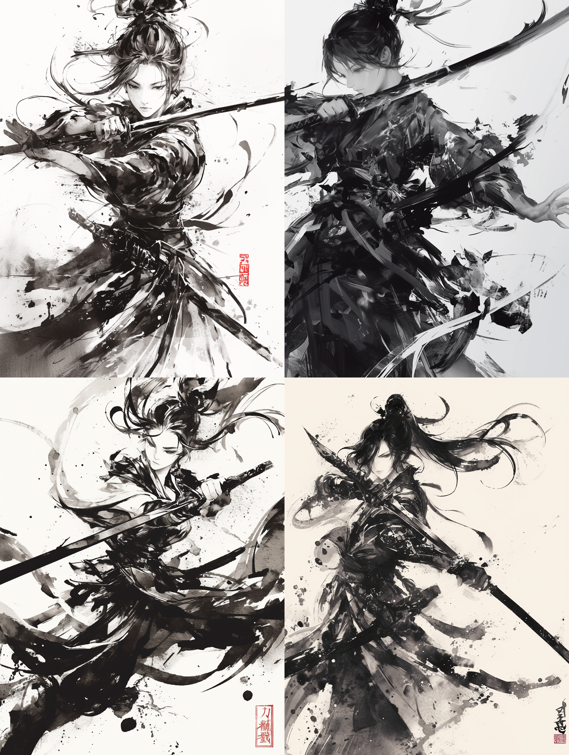 a digital art piece in traditional chinese ink wash style, featuring a female swordsman in ancient attire, striking a dynamic pose with a sword. monochrome color scheme with shades of black, white, and gray, abstract background with ink splashes and traditional chinese patterns, elegant and powerful, high resolution, natural look