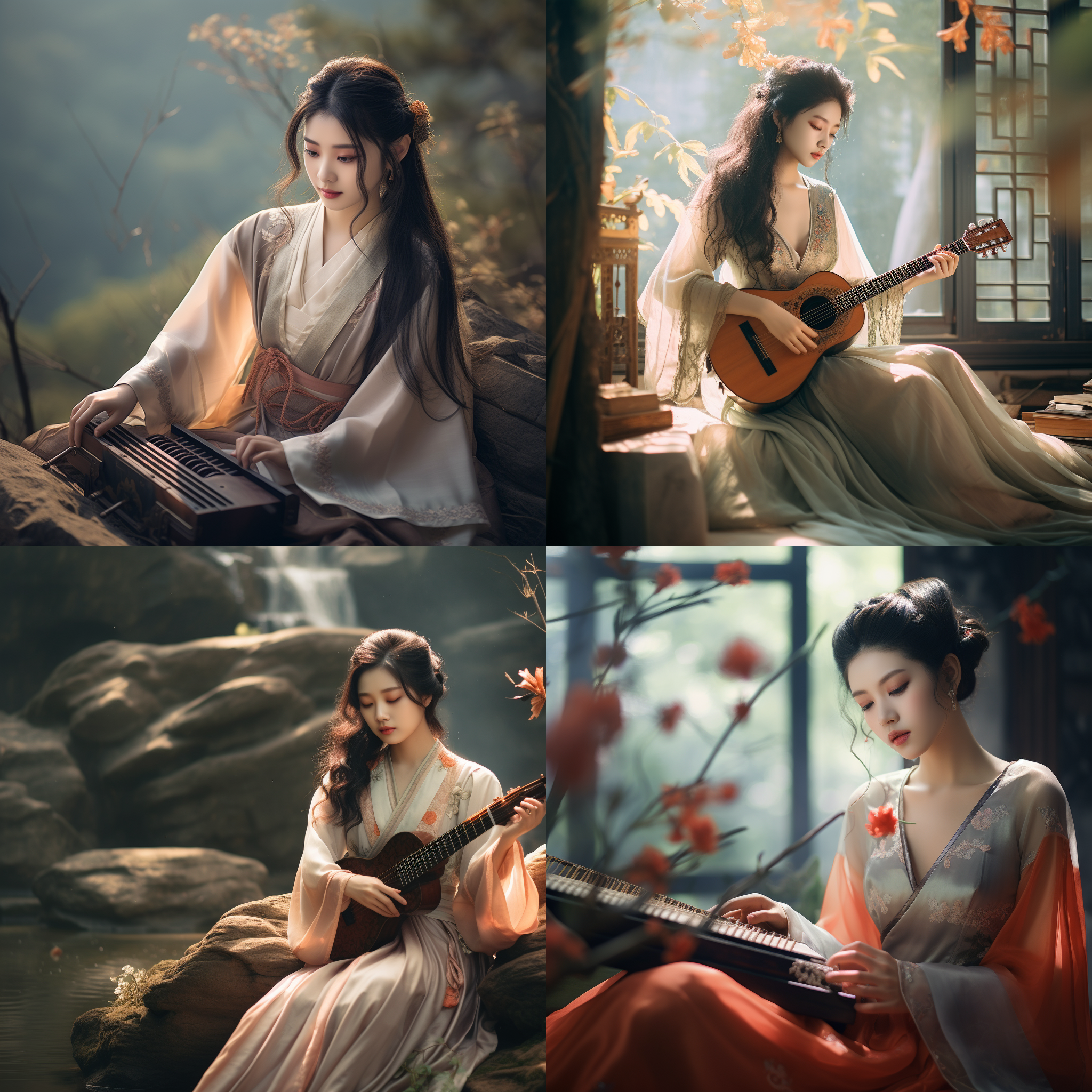 立夏与汉文化融合，古风仙境，青翠山峦，汉服女子，自然风光，柔和光线，抚琴，祥和恬静，明媚色彩，唯美。