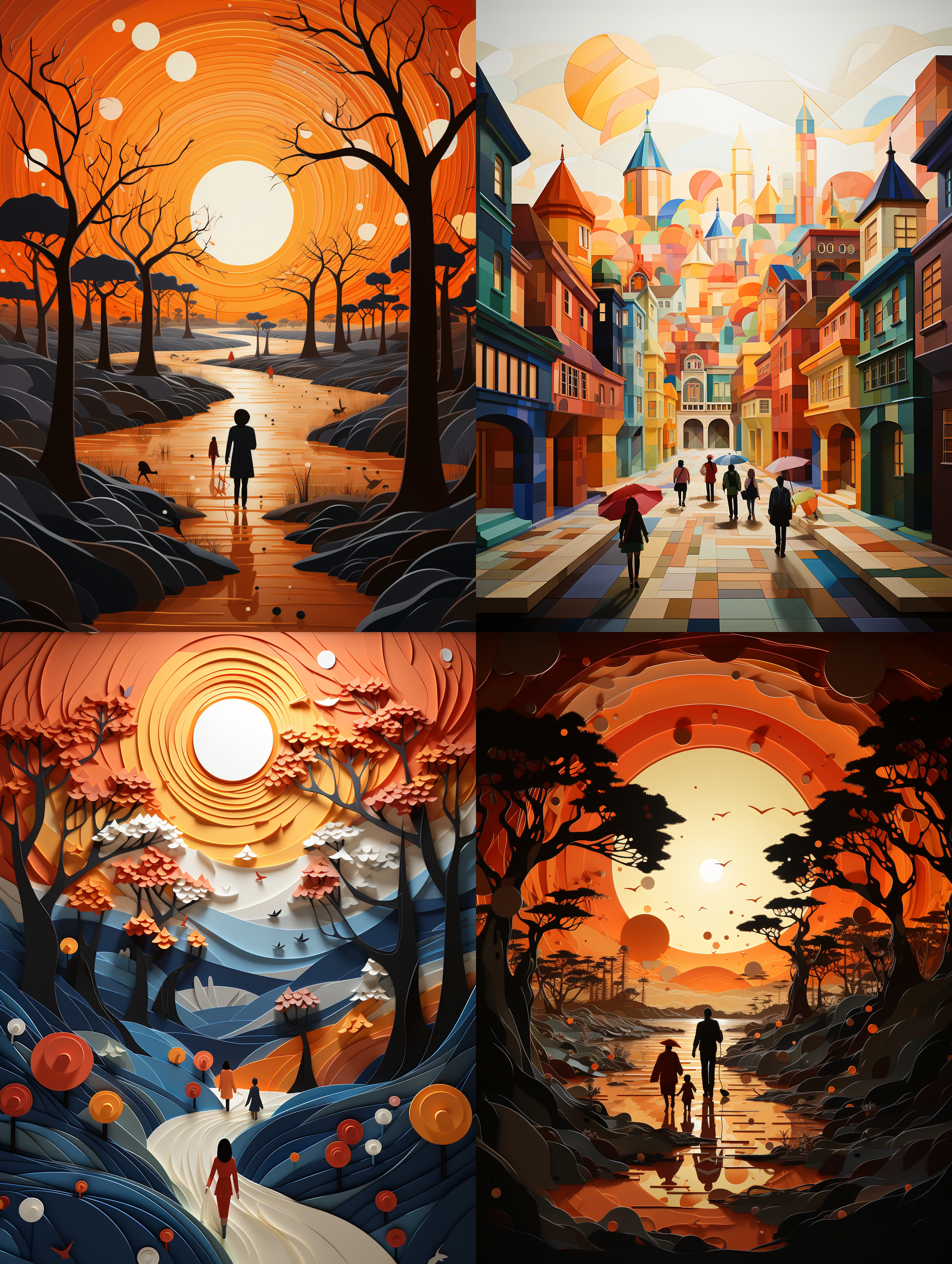 现代剪纸艺术，一群十岁左右的孩子背着书包上学。远处是一所现代学校，画面中央是精致的校门，极简主义矢量绘画，鲜艳的色彩，橙色和白色色调，3d浮雕效果，3:4画幅，风格化750。