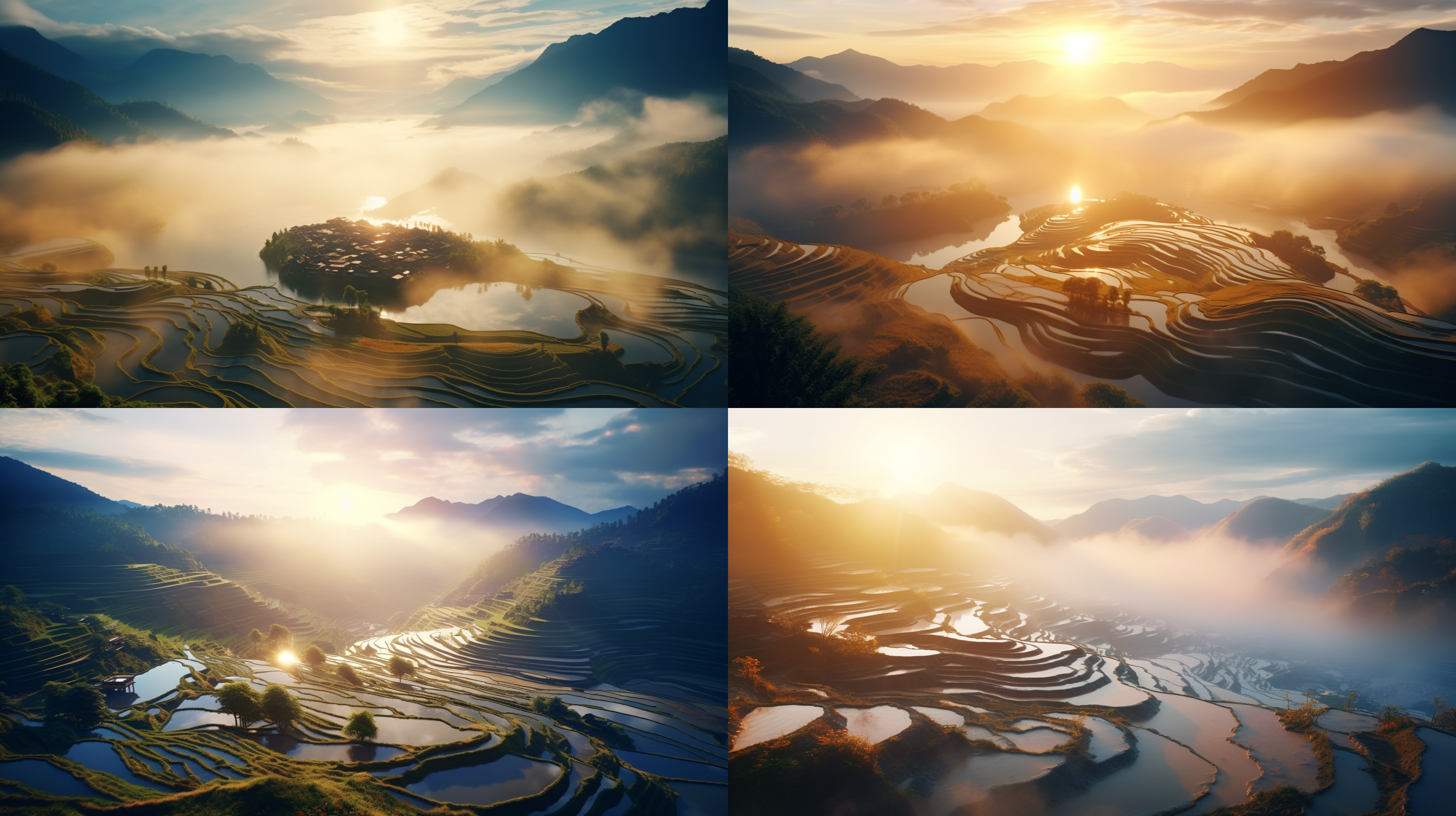 庄嫁成熟时的云阳梯田，梯田层层叠叠，里面五颜六色的，水雾缭绕，场景美仑美奂，气势磅礴，黄金时刻光线，dslr，超清细节，8k