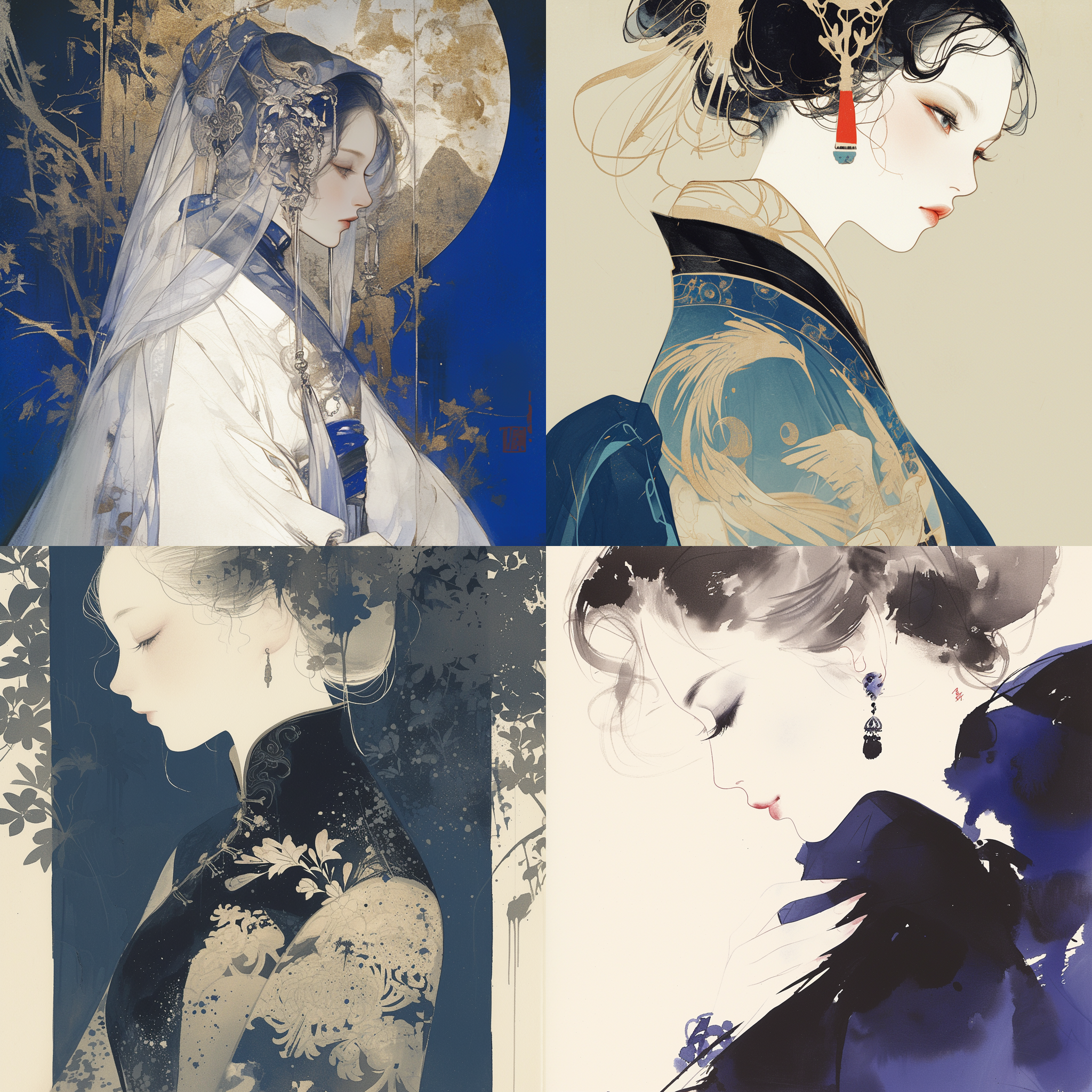 an elegant chinese ink painting of a woman’s profile from the front, with traditional attire, set against a backdrop of deep indigo and silver, reflecting traditional aesthetics, in 16:9 aspect ratio for v 6.0