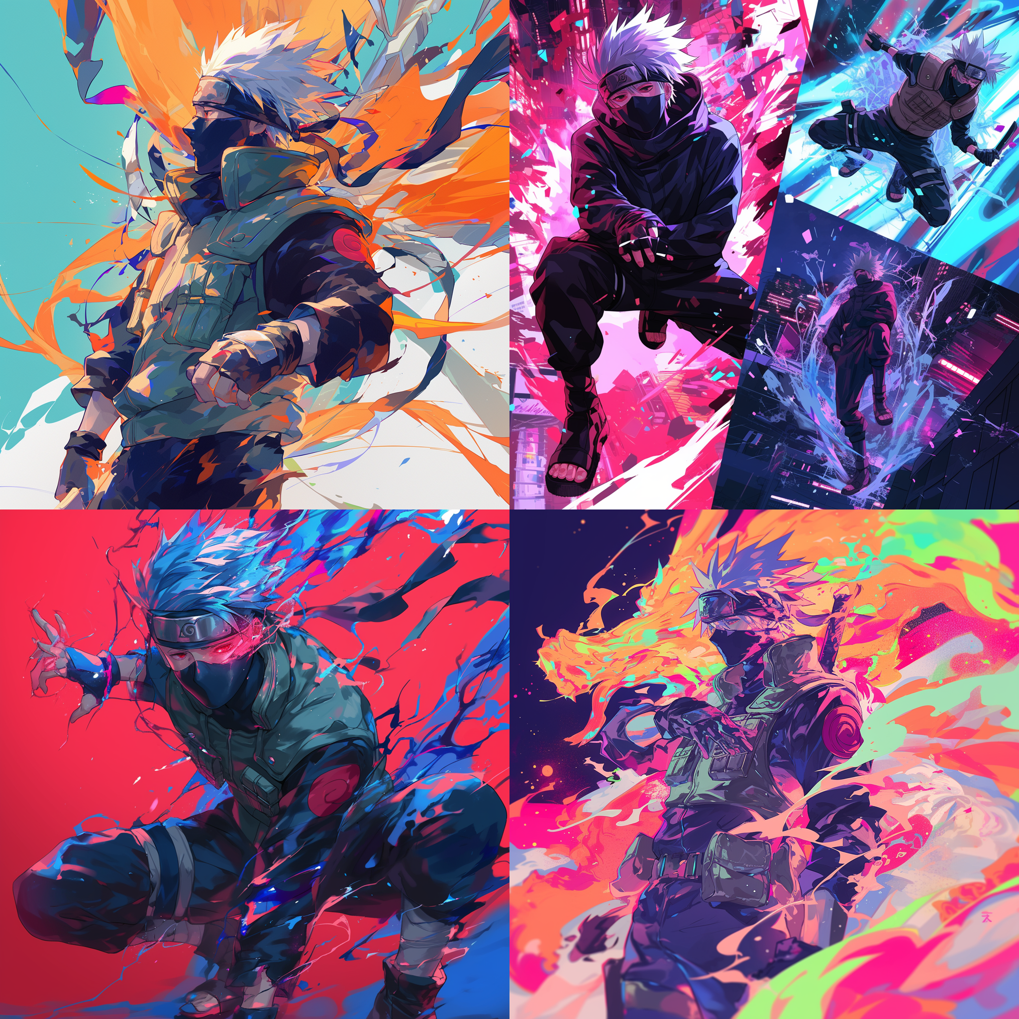 卡卡西站在动态姿势中，被五彩忍术包围，银色头发和面具鲜明。活力四射的霓虹色彩，动态构图，光影精通，动漫风格，细致纹理，高分辨率，自然外观，ar 3:4，v 6.0。