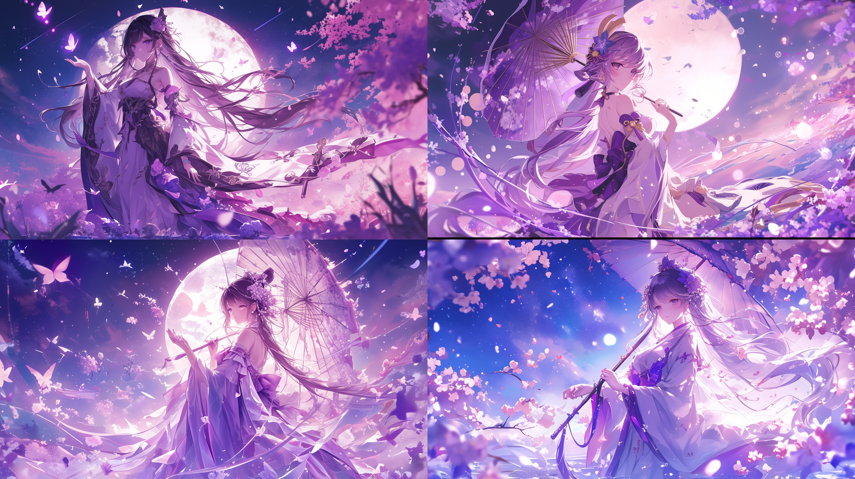 美少女，二次元风格，远景，柔和，紫色服饰，微笑，月光下，侧光，优雅，穿着精致