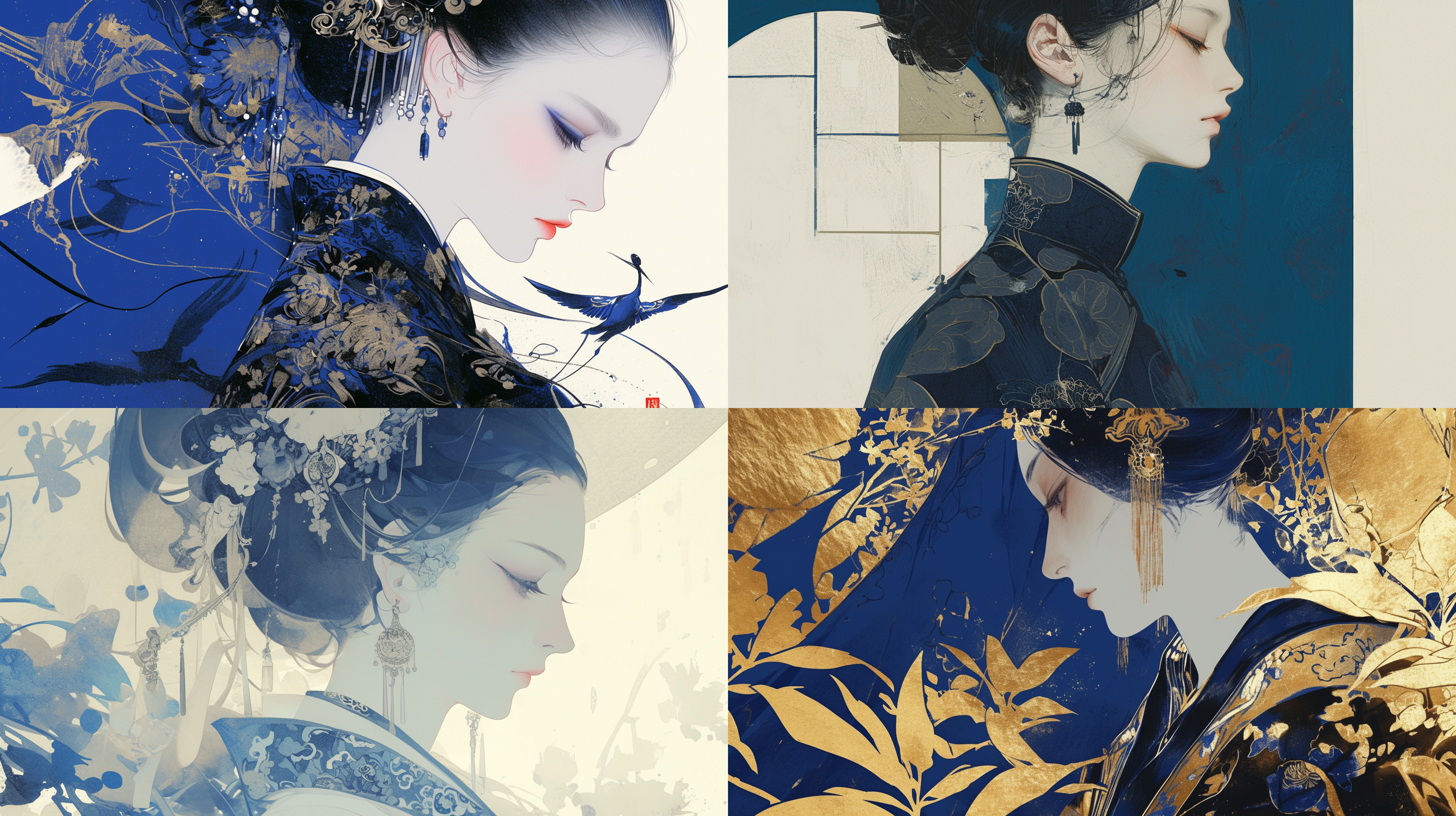 an elegant chinese ink painting of a woman’s profile, with traditional attire, set against a backdrop of deep indigo and silver, reflecting traditional aesthetics