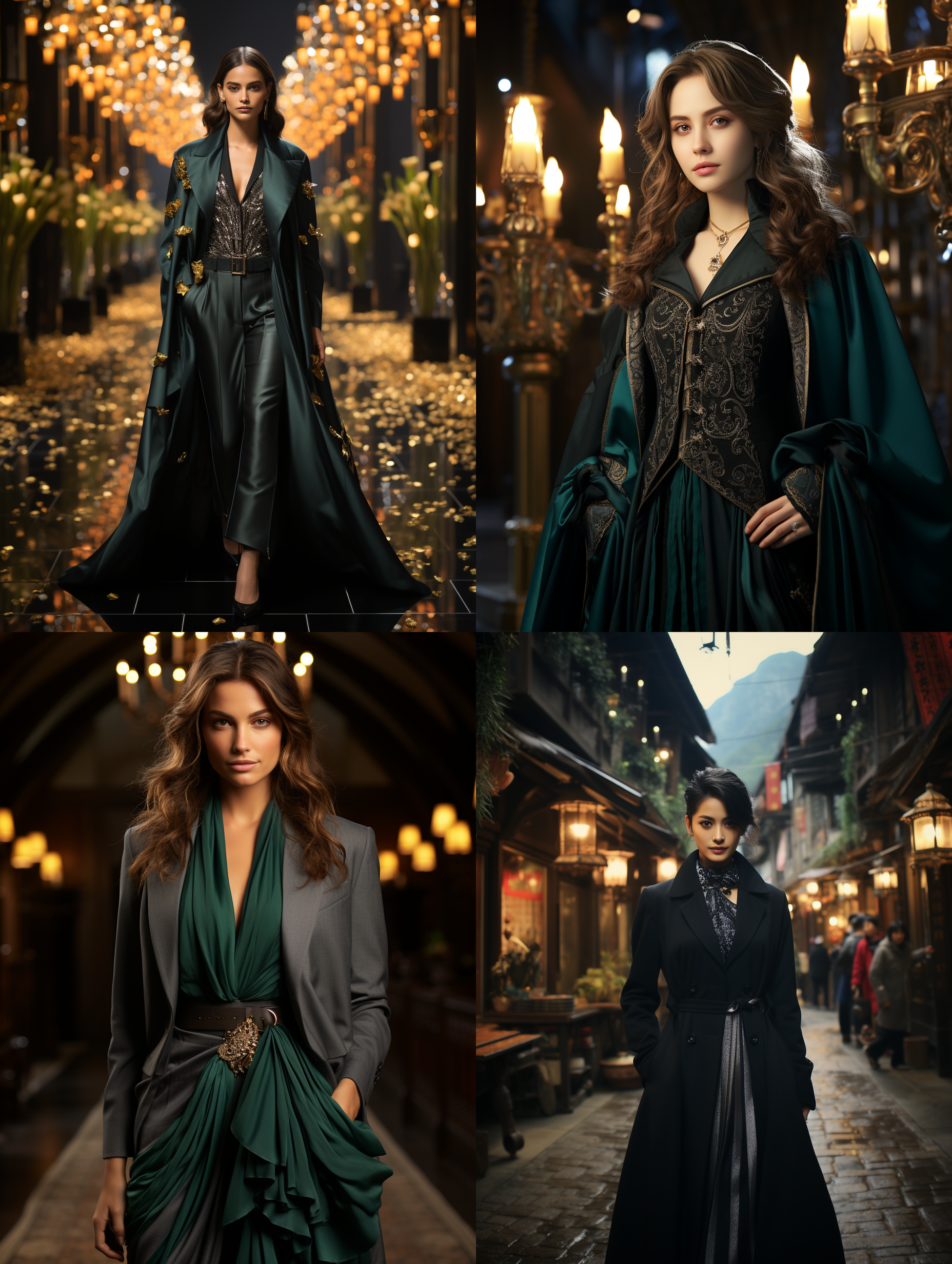 中国女性，霍格沃茨走廊，黑色风衣，灰色羊毛衫，蛇形徽章，魔法杖，绿黑领带，全身照，细节逼真，皮肤纹理自然，8k分辨率，优雅，超清渲染，冷色调，电影照明，摄影大师。