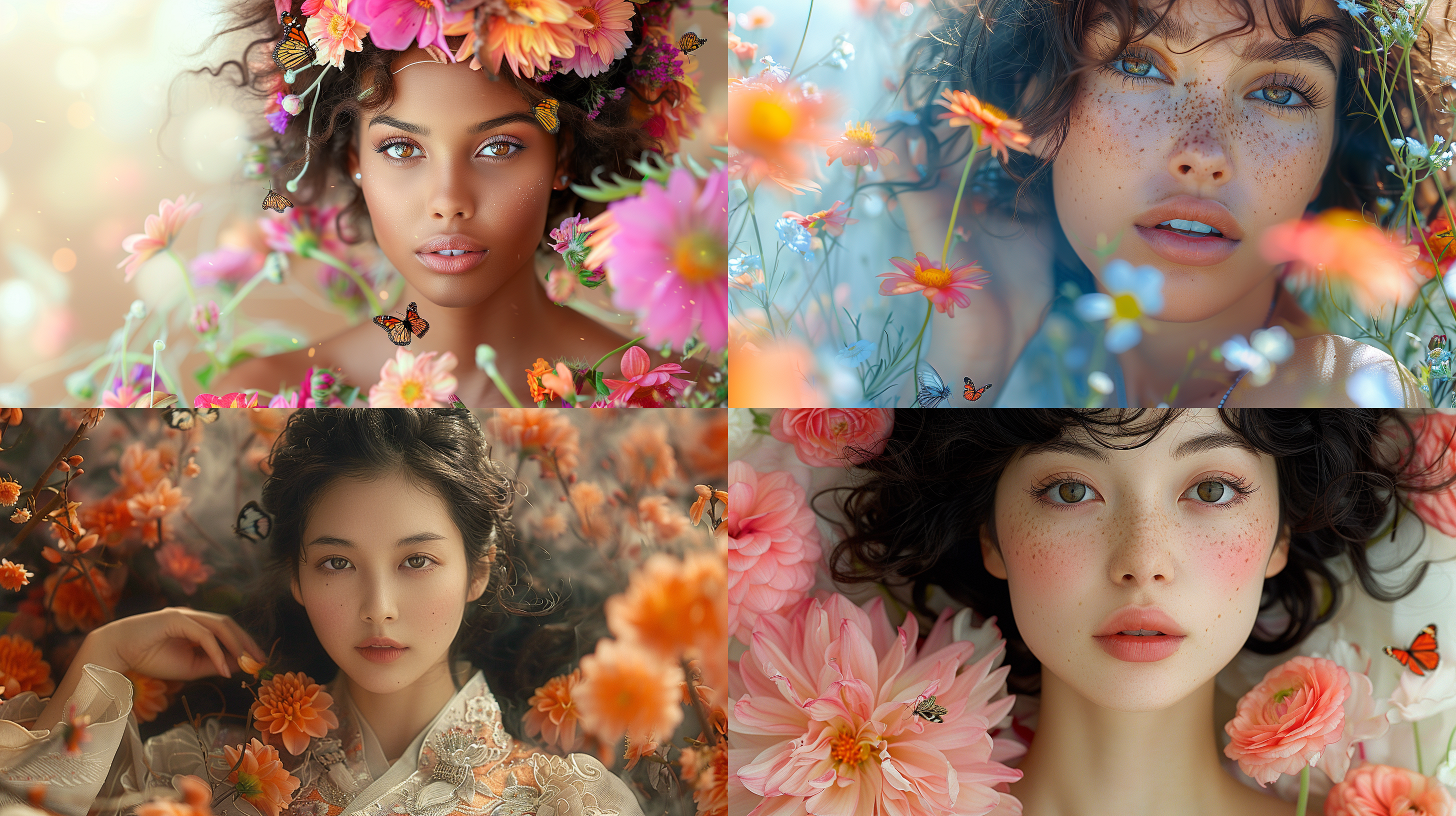 时尚摄影 全身 一个东方女孩在花丛中,拿着花朵,花丛簇拥,花朵密集，五颜六色，几只蝴蝶飞舞，各种各样的鲜花围绕身边，正面脸，五官精致，大波浪长头发,蝴蝶结头饰，亚洲人面孔，细腻的皮肤质感，胶片颗粒，胶片照片，朦胧背景，烟雾，胶片照片，胶片颗粒，带有胶片颗粒的复古照片,中特写,主观观点镜头,电影光,情调光,照片般逼真,锐利的细节,真实的，特写，真人写实 ，全身，