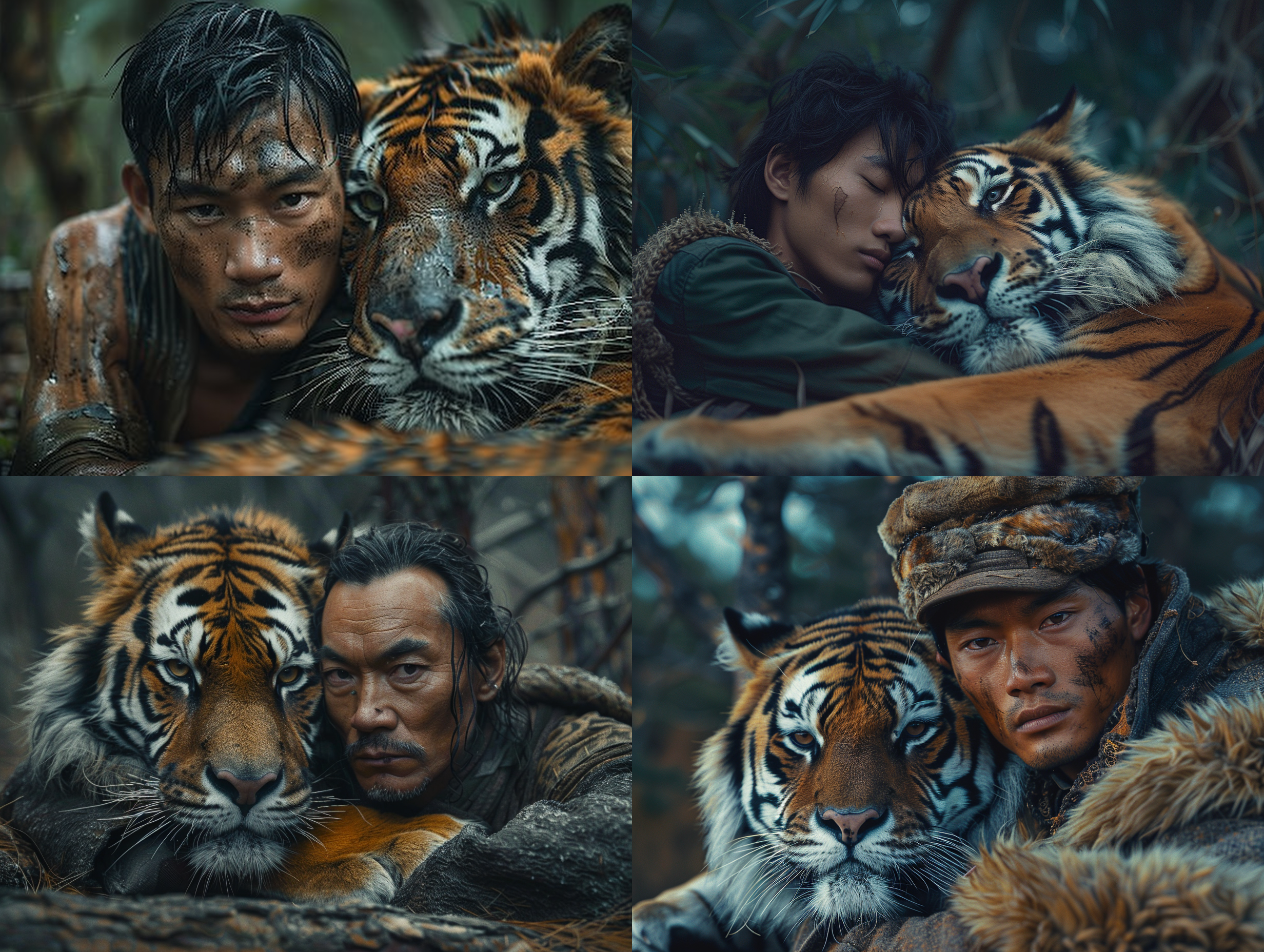 surreal photography，一个中国男人靠在一只巨大的老虎身上，两人都摆出半身姿势，他的眼睛充满勇气，老虎的目光冷静而保护，森林背景，在满月的神秘光线下，摄影，面部细节清晰，超现实主义