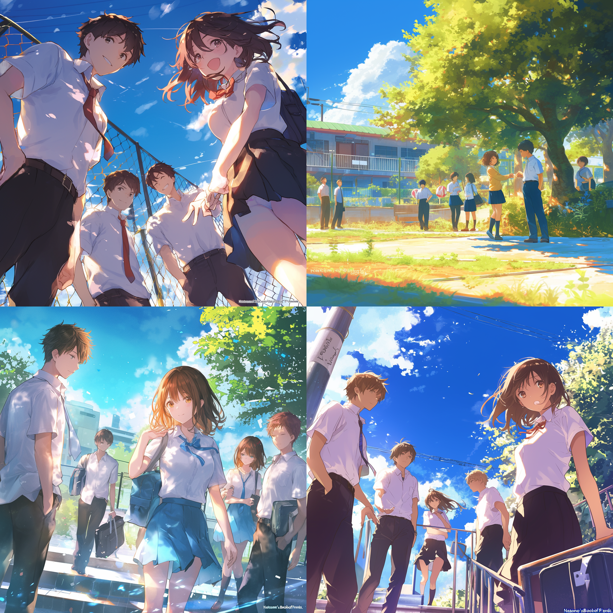 一群高中生站在学校操场上,活力四射,身着jk制服,棕色短发,自信微笑,目光坚定,仿佛从《夏目友人帐》中走出,高饱和度色彩,细节丰富,自然光照射,长焦镜头,4k超高清。