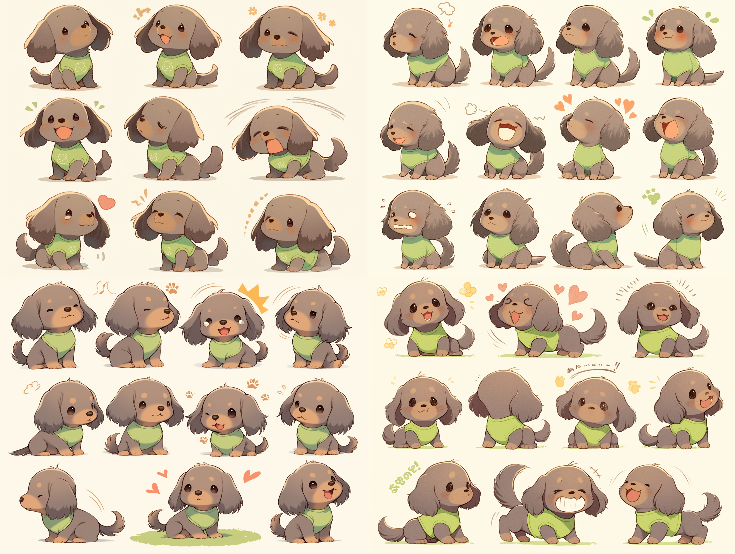 小狗穿着绿色背心，棕黄色毛发，是一个可爱的小个体型品种。这张漫画风格的插画呈现出小狗快乐、伤心和大笑的表情，还有它互动和充满活力的动作序列。白色背景突出了小狗的形象。使用vector illustration和chibi风格，最高质量8k，非常适合作为sticker group8的素材。
