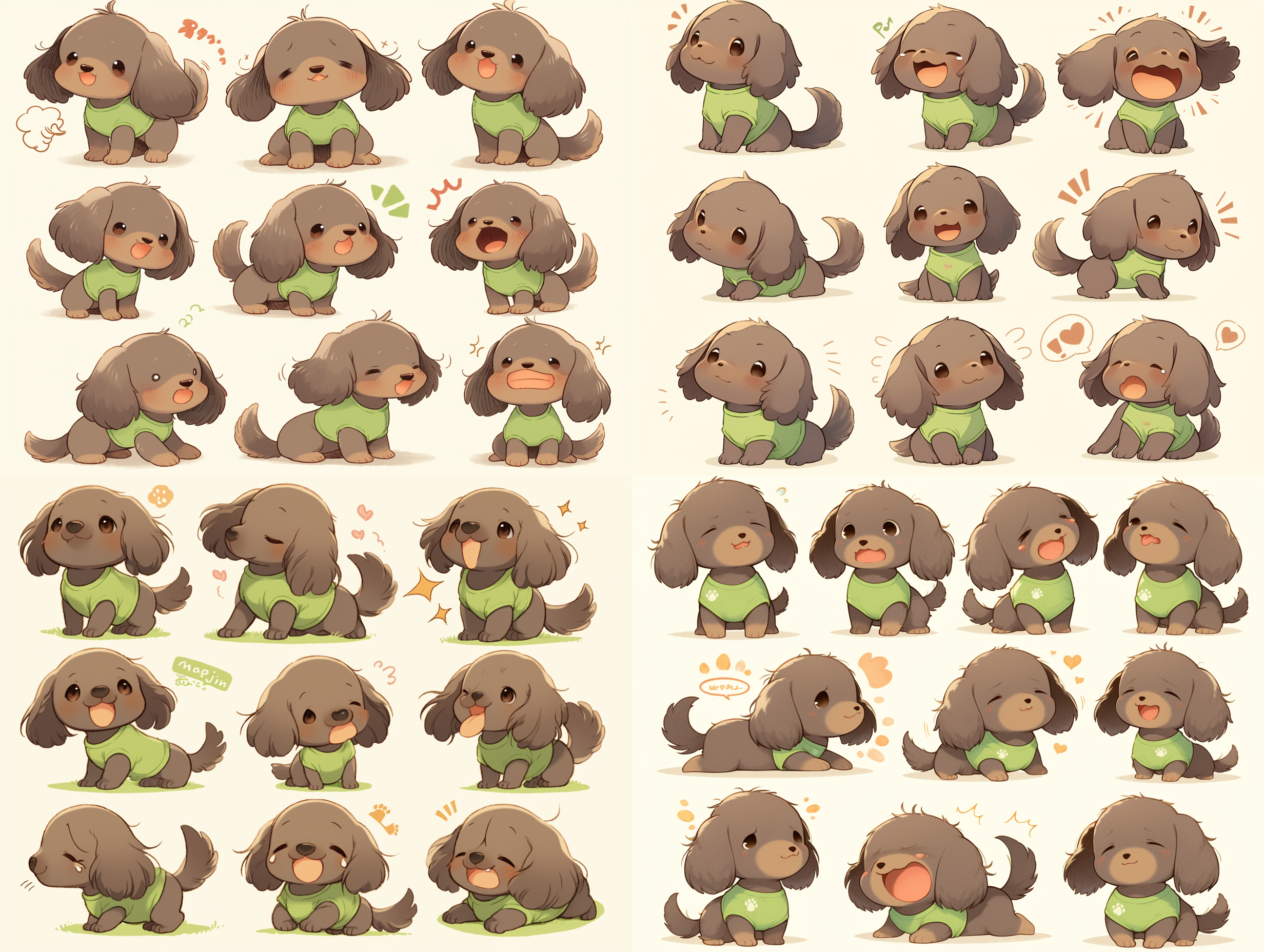 小狗穿着绿色背心，棕黄色毛发，是一个可爱的小个体型品种。这张漫画风格的插画呈现出小狗快乐、伤心和大笑的表情，还有它互动和充满活力的动作序列。白色背景突出了小狗的形象。使用vector illustration和chibi风格，最高质量8k，非常适合作为sticker group8的素材。