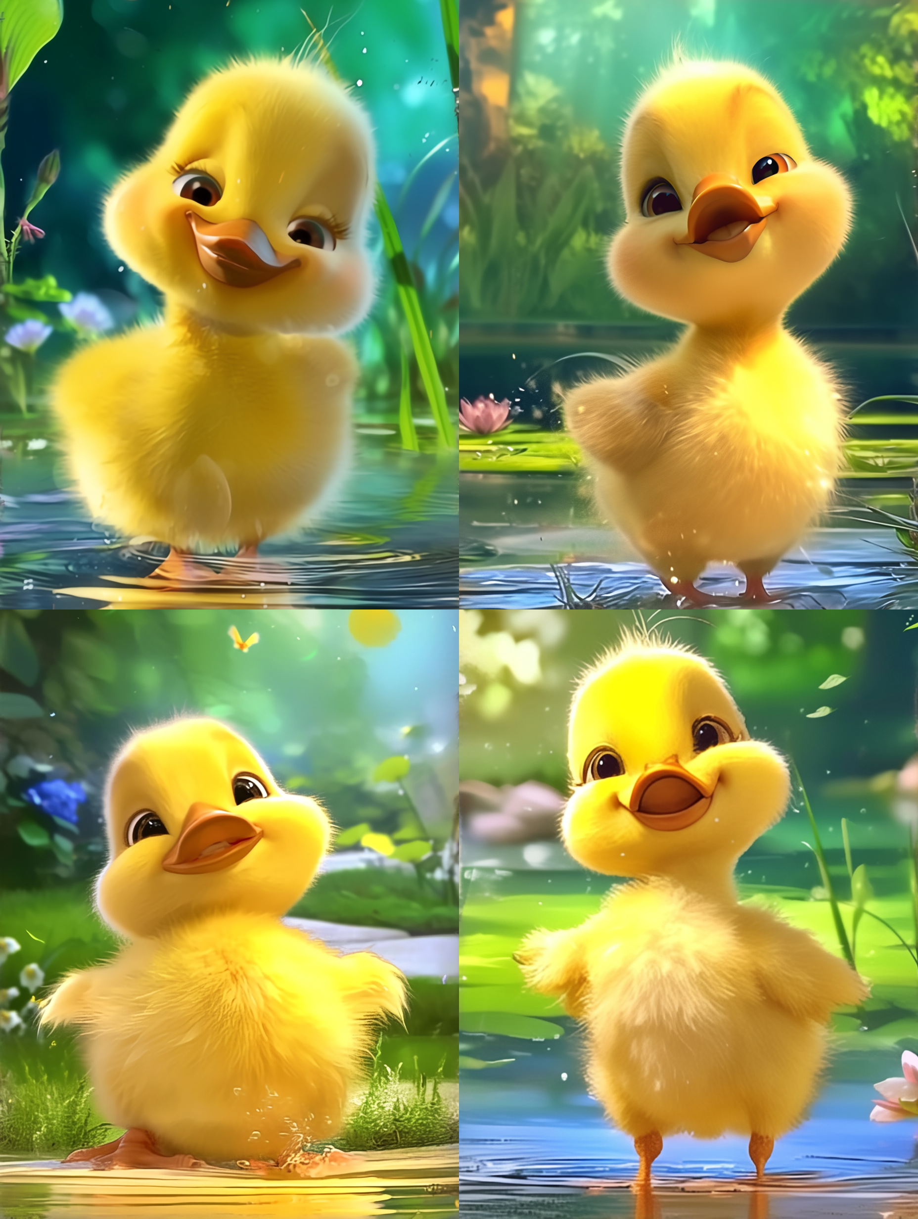 黄色鸭子，毛茸茸，正面视角，站立，大眼睛，拟人，花园背景，微距镜头，明亮光线，自然色调，温馨，可爱。 正视 全身 兴奋 开心 皮克斯 花园背景