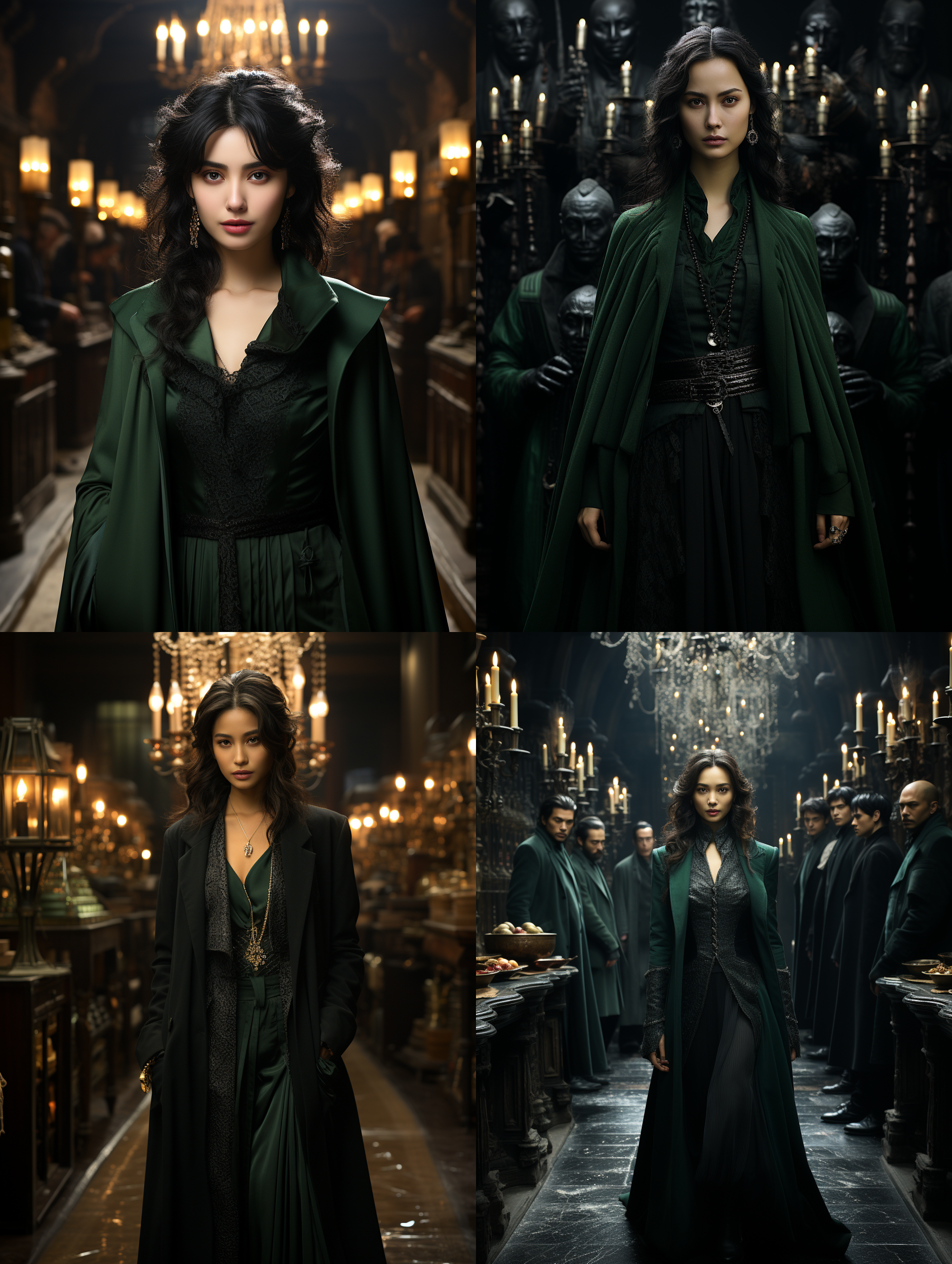 霍格沃茨走廊，中国女性，黑色风衣，灰色羊毛衫，蛇形徽章，魔法杖，绿黑领带，全身照，细节逼真，皮肤纹理，8k分辨率，优雅，超清渲染，冷色调，电影照明，摄影大师。