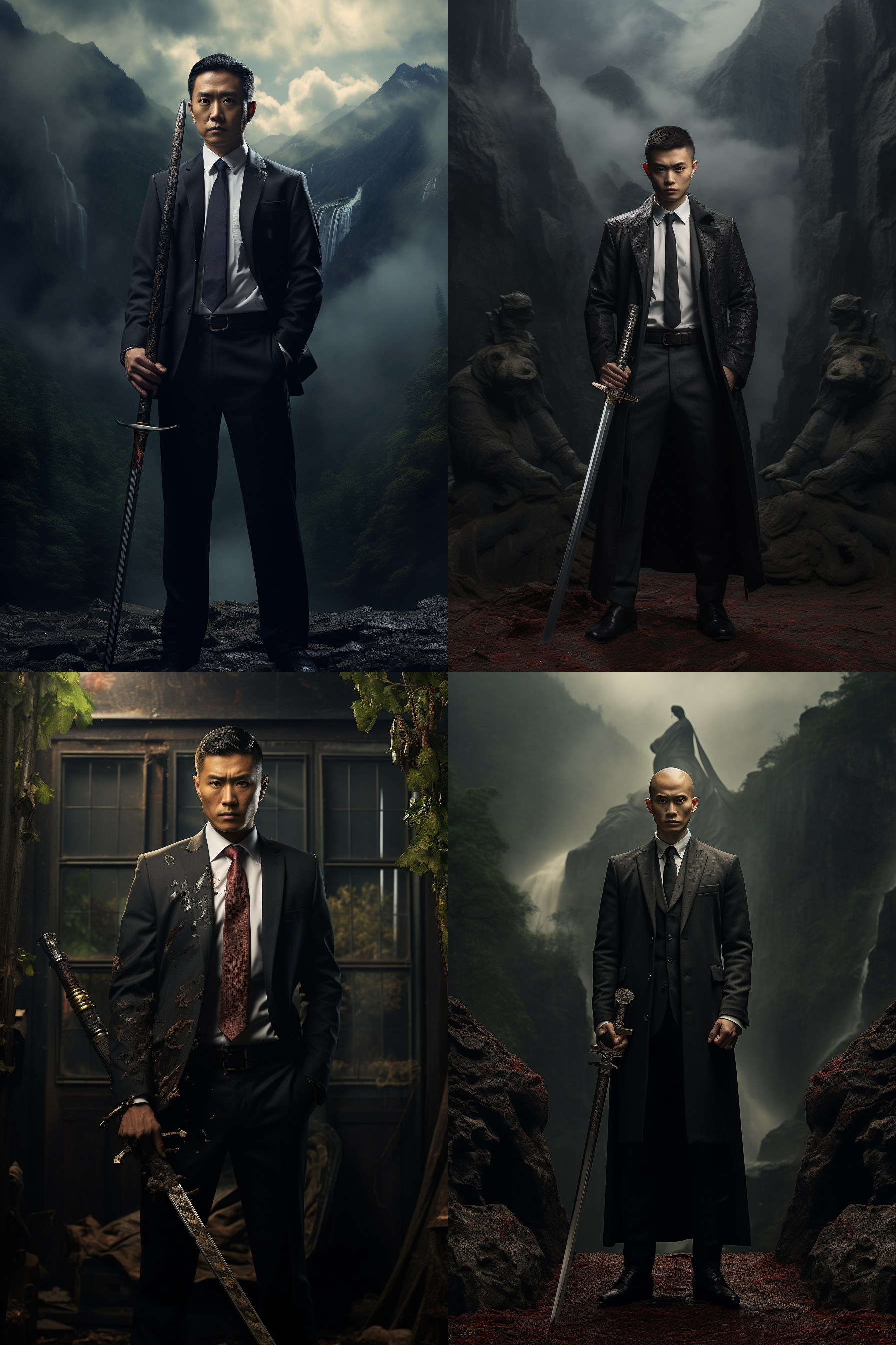 一个中国男的，头身比例，手里拿着一只宝剑，穿着一身西装，全身照，周围的环境非常恐怖。