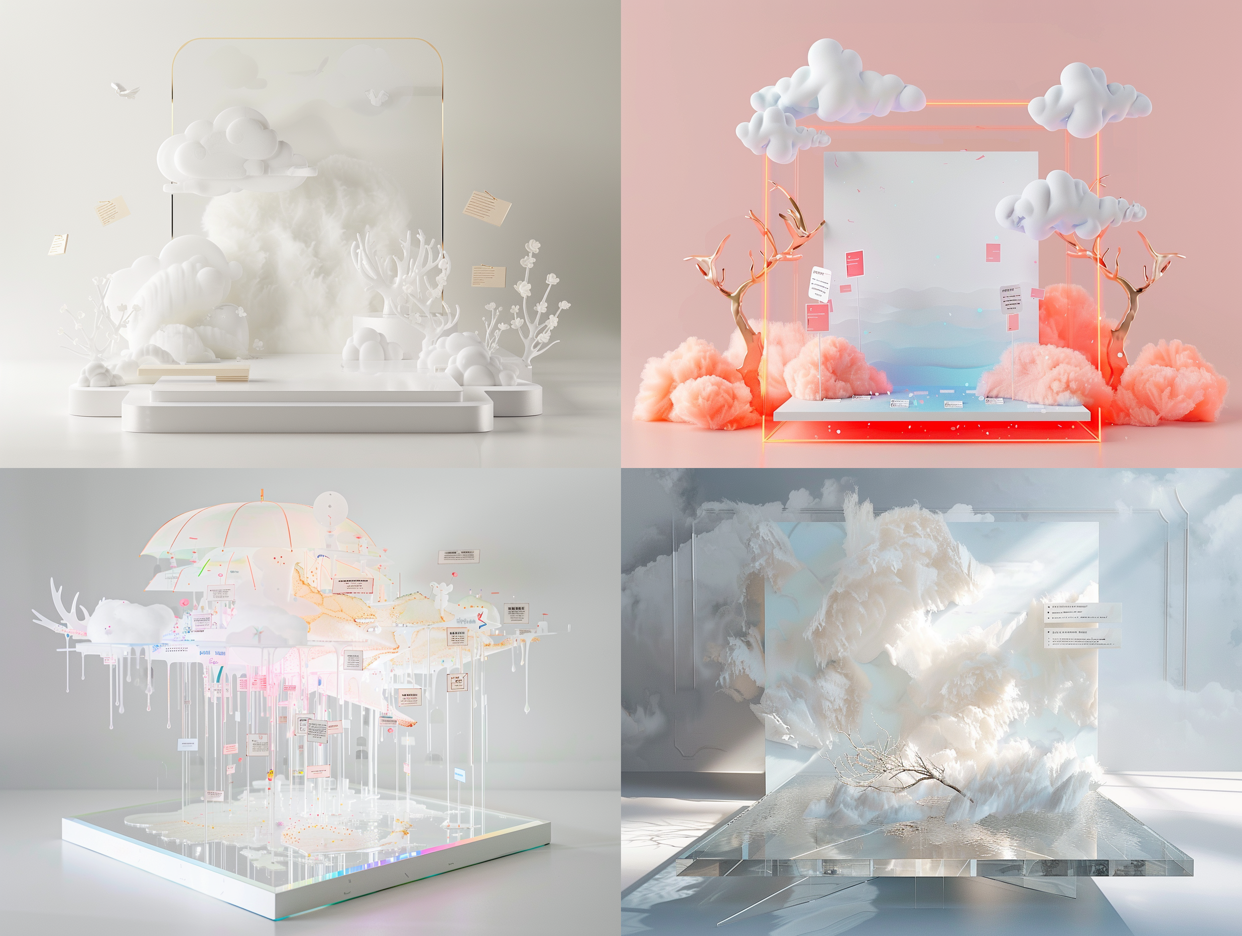 a square shaped acrylic base panel with a transparent irregular acrylic background, decorated with notes, featuring a simple stroke style umbrella, clouds, deer antlers, dialogue boxes, wings, minimalist style, high-end modal color, and a display platform in the middle with a white background,metallic style,and technical effects