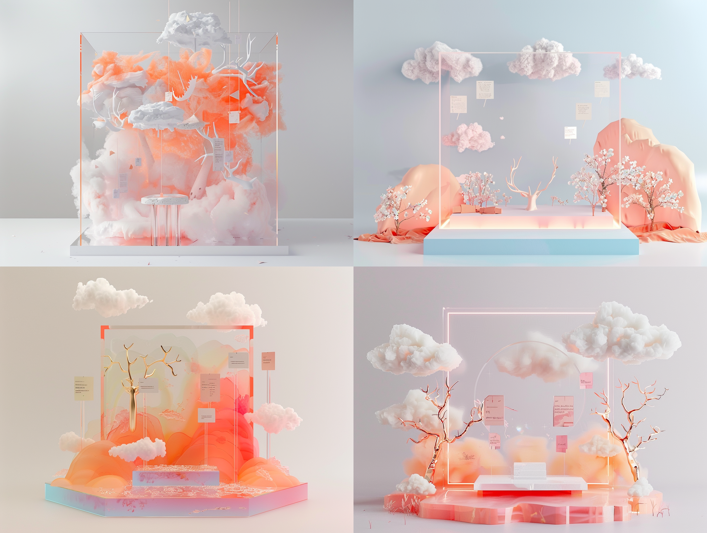 a square shaped acrylic base panel with a transparent irregular acrylic background, decorated with notes, featuring a simple stroke style umbrella, clouds, deer antlers, dialogue boxes, wings, minimalist style, high-end modal color, and a display platform in the middle with a white background,metallic style,and technical effects