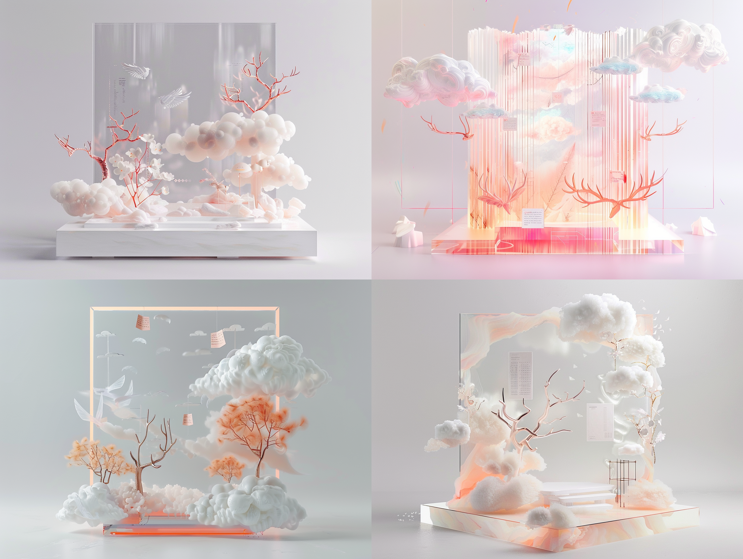 a square shaped acrylic base panel with a transparent irregular acrylic background, decorated with notes, featuring a simple stroke style umbrella, clouds, deer antlers, dialogue boxes, wings, minimalist style, high-end modal color, and a display platform in the middle with a white background,metallic style,and technical effects