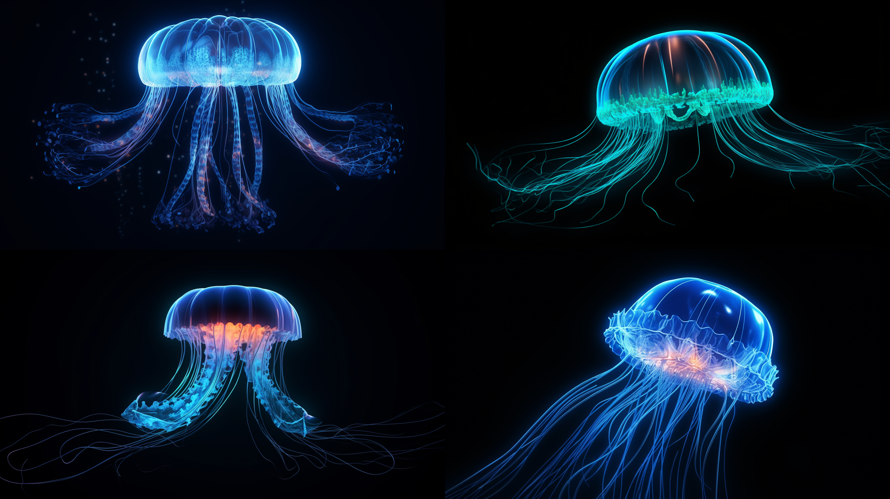 transparent jellyfish wireframe hologram, glowing blue lines on dark background, premium detail, 8k quality, telephoto lens, ambient light, floating, mysterious.
