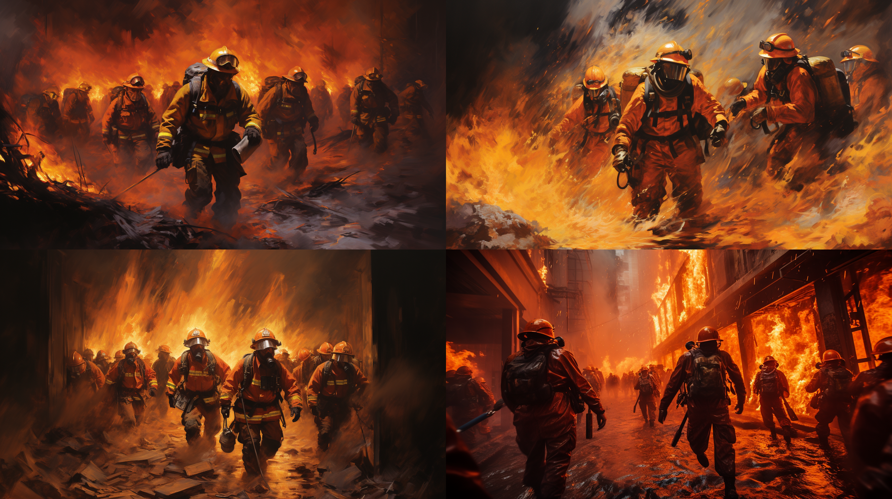 消防员们身着橙色的防火服，头戴头盔，手持消防器材，在熊熊燃烧的火焰中穿梭，奋不顾身地扑灭火源，救出被困的群众，