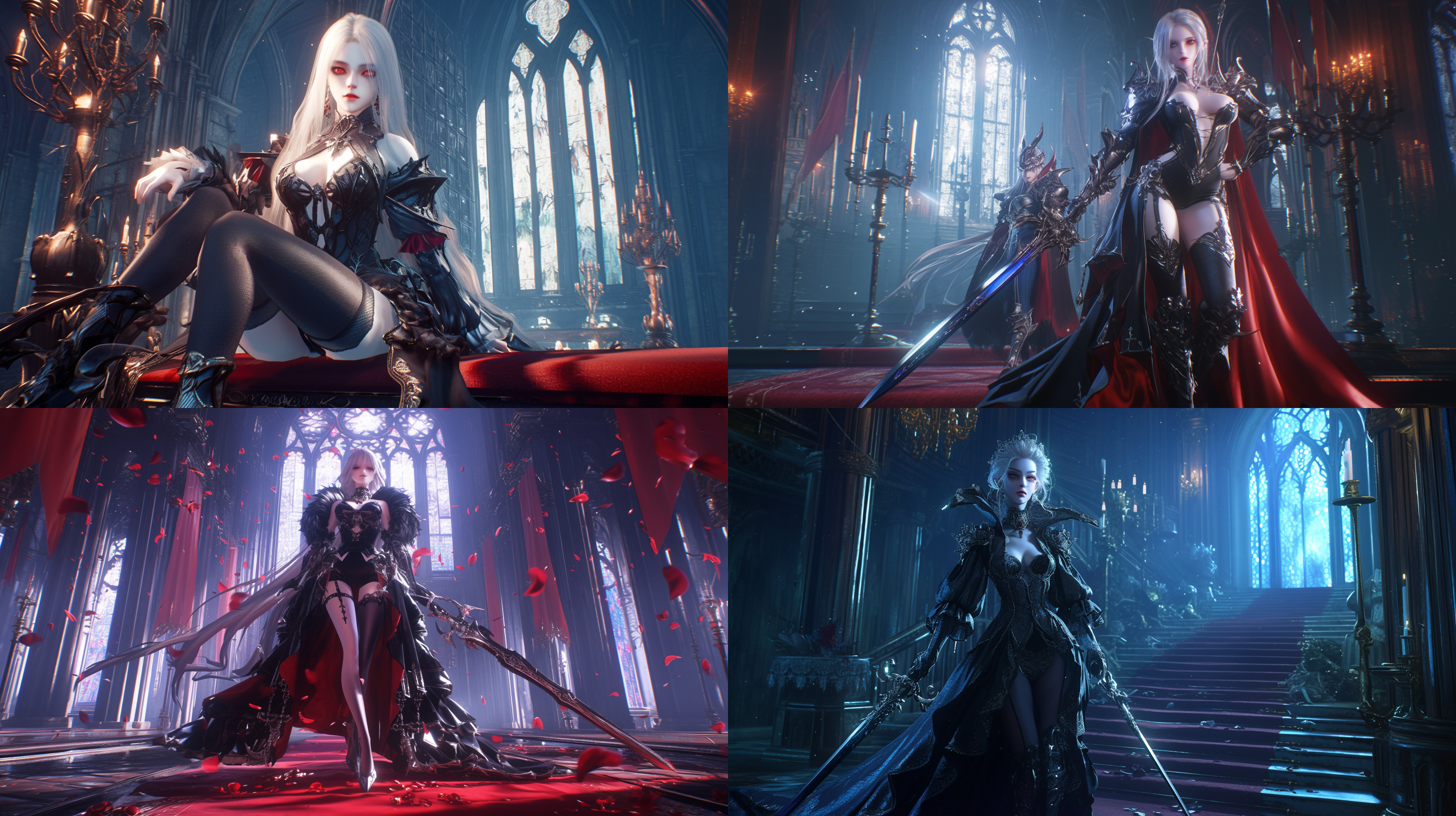 vampire，women，红色眼睛，白色头发，苍白的皮肤，细剑，盔甲，晚礼服，黑色丝袜，高跟鞋，哥特城堡内，奇幻，真实比例，6k 虚幻引擎 三维 oc渲染器