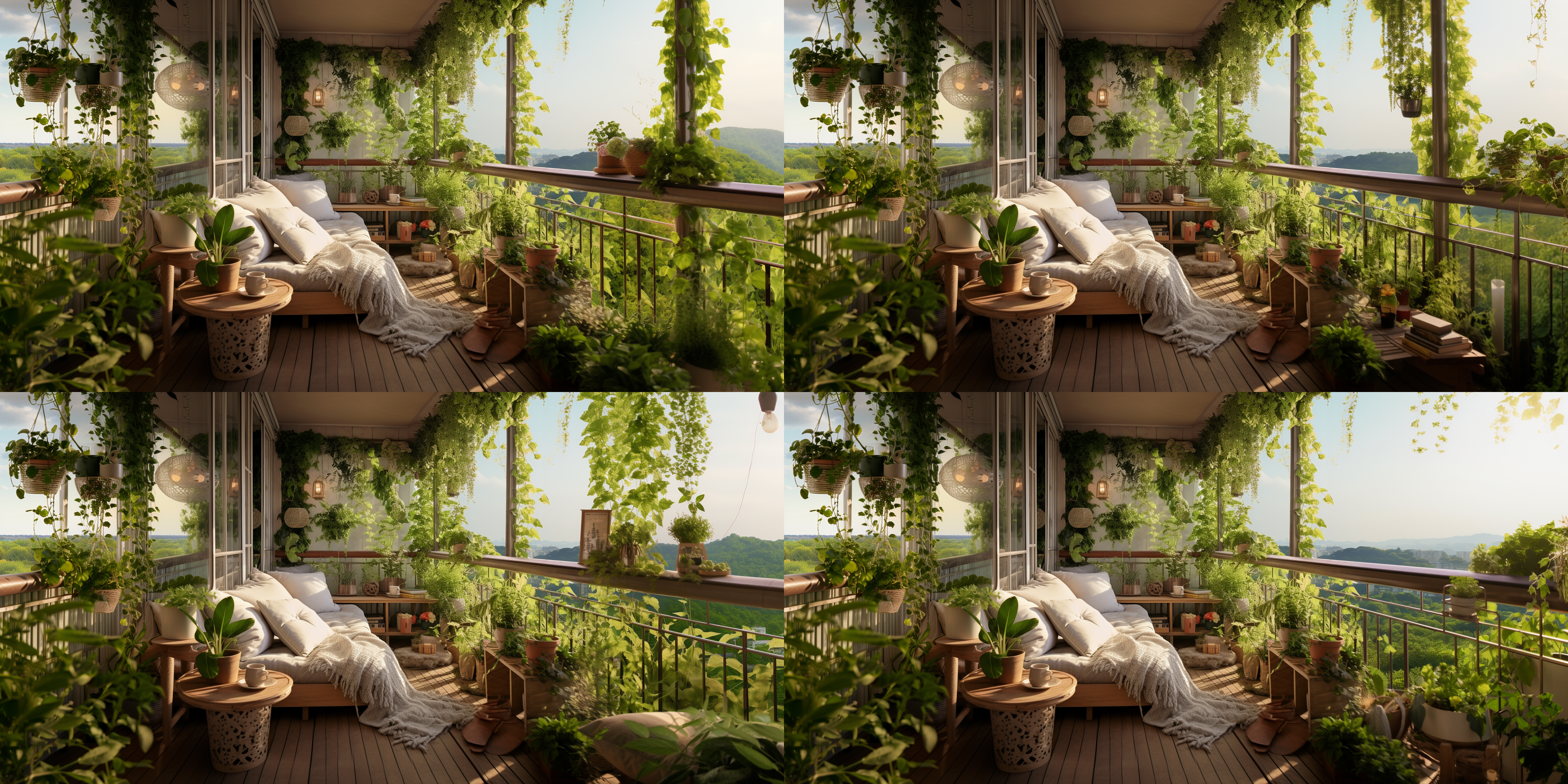转角270度阳台，花草丛生，植物园风格，农场氛围，电影质感，宽幅画面，中景，长焦镜头，自然光，静态，绿色调，宁静。