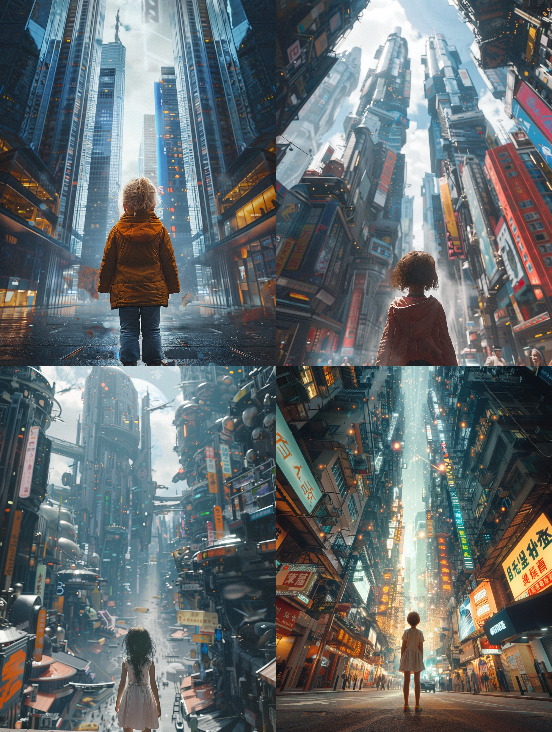小女孩仰望天空，街道中央，摩天大楼环绕，科幻未来世界，白天明亮，常规镜头，rs渲染，高清8k，建筑群，带有未来感，明亮色调，惊喜表情。
