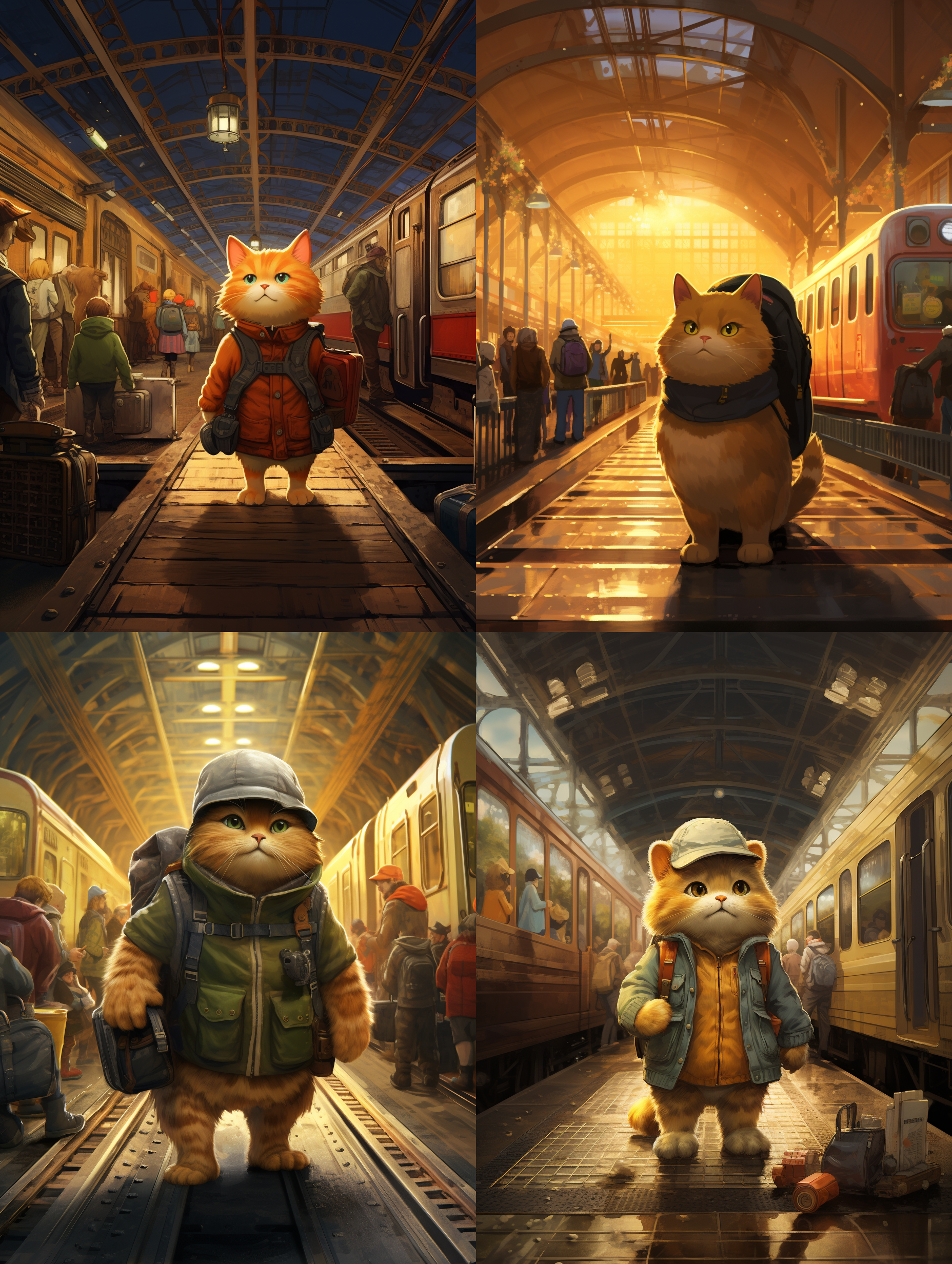 一只具有人类特质的动画风格橘黄色小肥猫，他穿着牛仔吊带裤，表情生动，怀着期待的心情回家，在现实环境中，置身于一个人类的车站中，拖着行李，在等列车回家过年