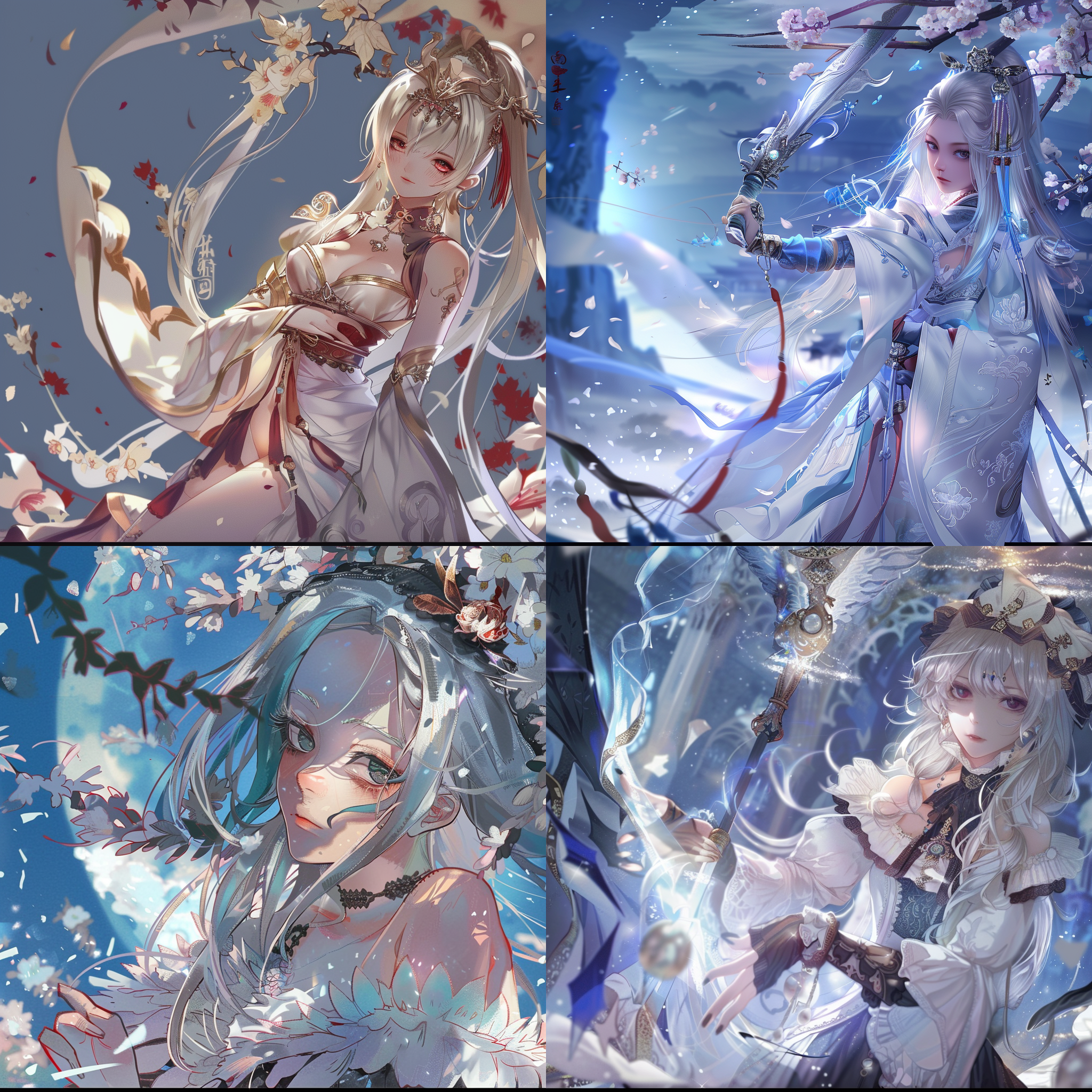 美少女，远景拍摄，侧光，月光下，穿着精致，淡紫色服饰，柔和背景，优雅，微笑，二次元风格，比例16：10