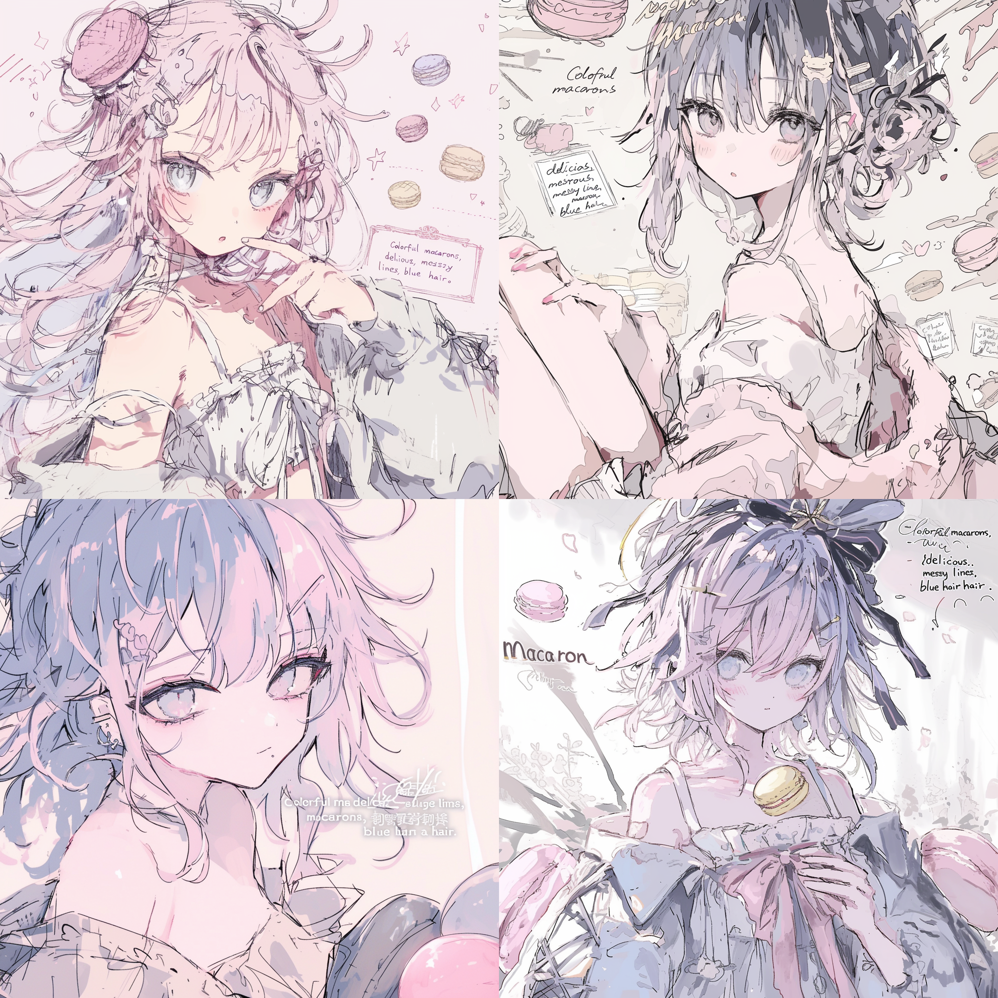 五彩马卡龙，美味，线条杂乱，马卡龙女孩，蓝色头发