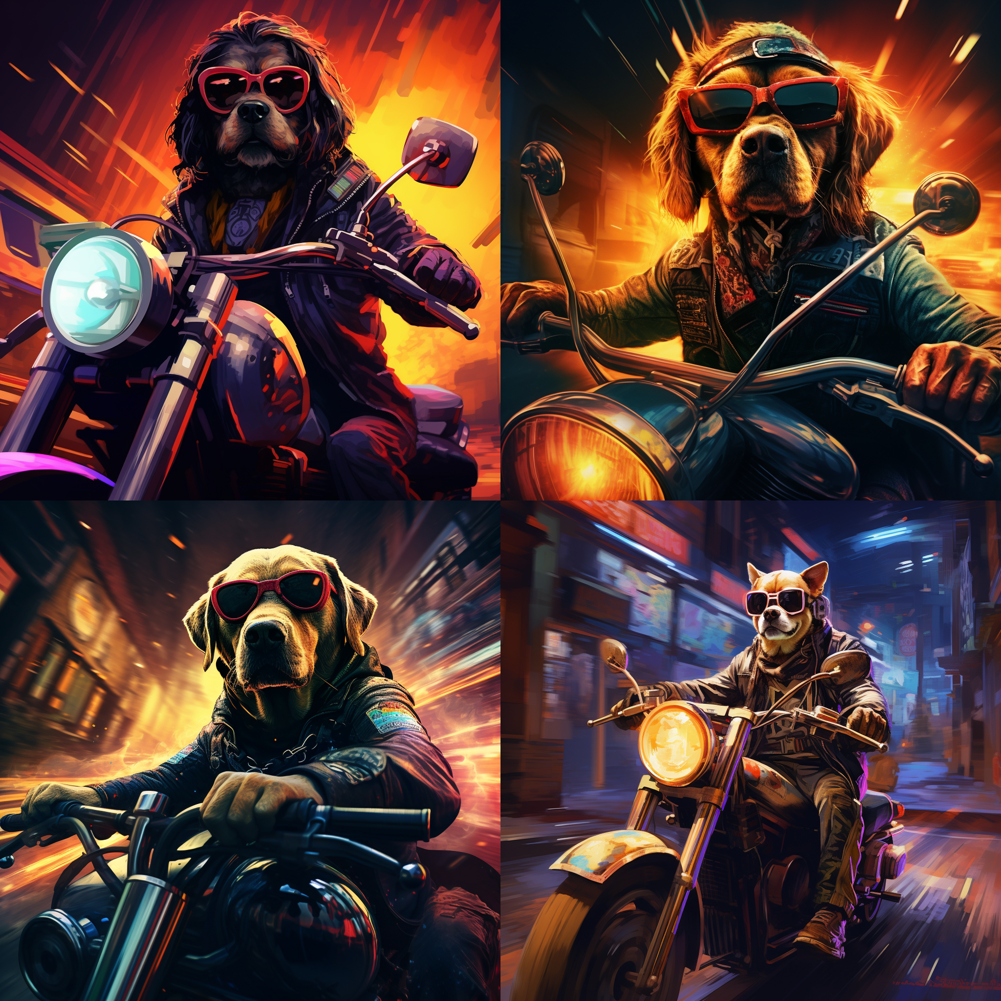 酷飒狗骑哈雷摩托车，超宽客厅驰骋，电影质感，动作冲刺，细节丰富，暗调，侧光，霓虹灯光，烟雾效果，速度感，惊险刺激。