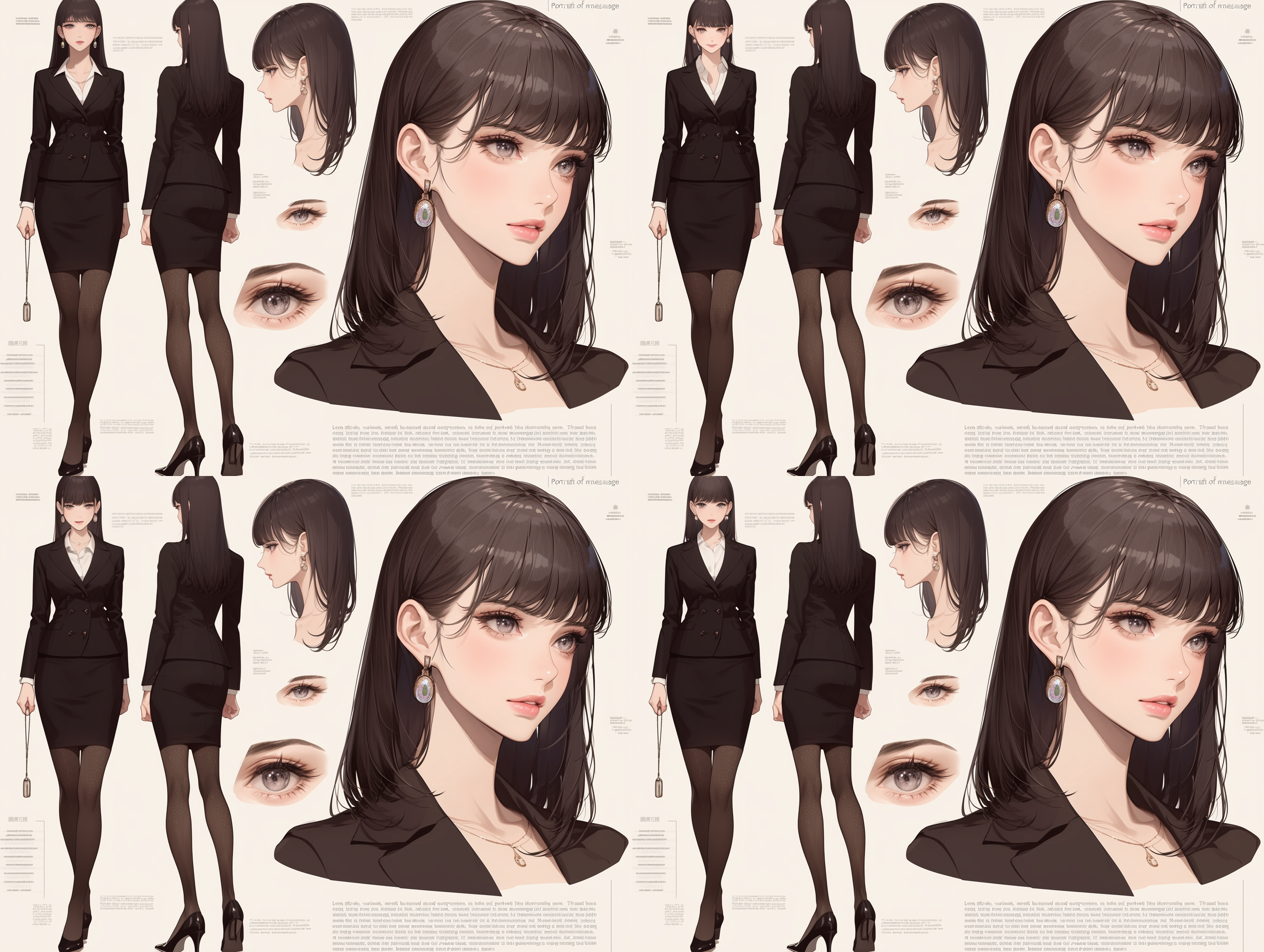 漫姐都市精英肖像,正侧背三视图,优雅西装,长黑发刘海,大眼睛神情沉稳,白色背景,高质感,日式漫画风格,柔和光线,清晰细节,中景构图,自然色调,专业摄影。