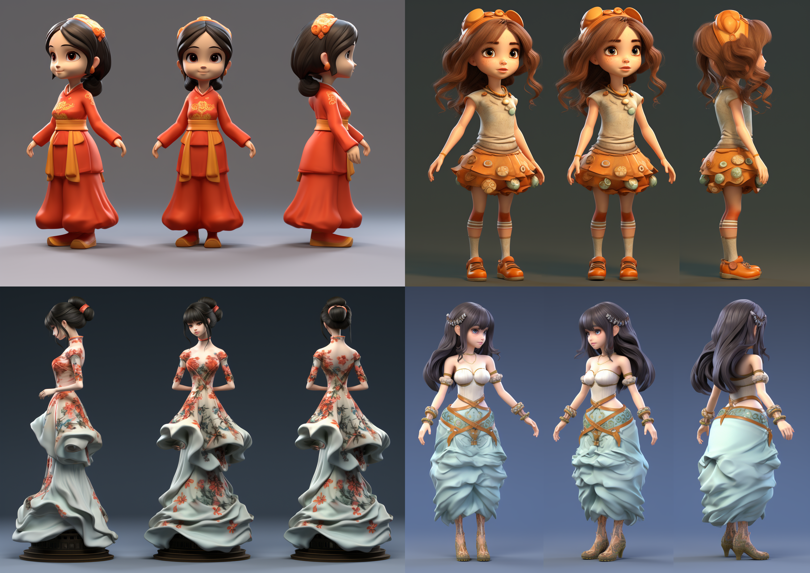 three views full body, front, side::1 , back, front view, side view, side view of girl, front view of girl, back view of girl, a chinese style girl, rounded shape, bright colors, emphasizing bright and happy feelings, attracting people's attention, big eyes, round face, 3d, c4d rendering, blind box style, high definition, rich details, simple background