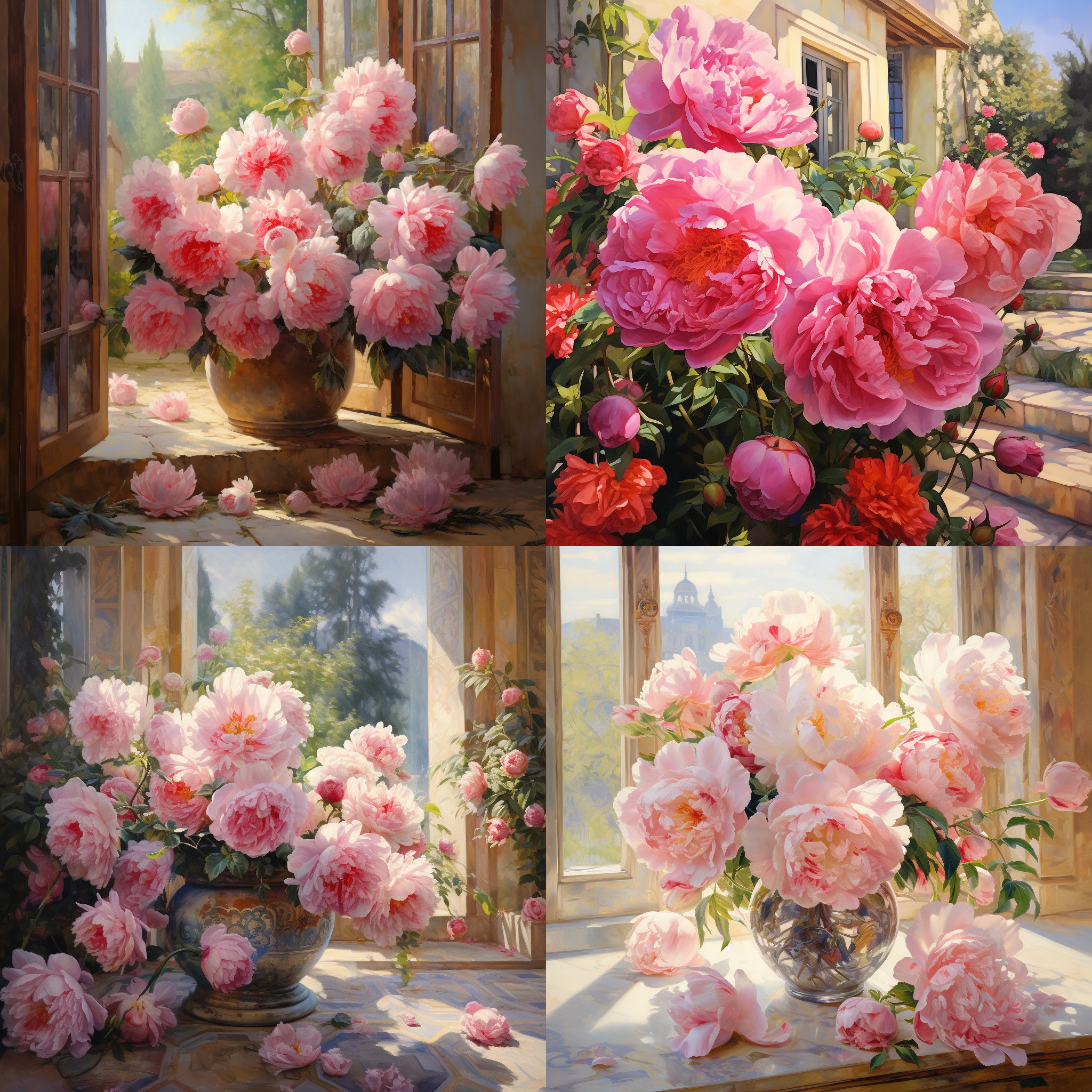 牡丹盛放，庭院繁花，华丽舞台，唯美景象，长焦镜头，柔和侧光，细致细节，鲜艳色彩，优雅风采，永恒荣耀，深情神韵。